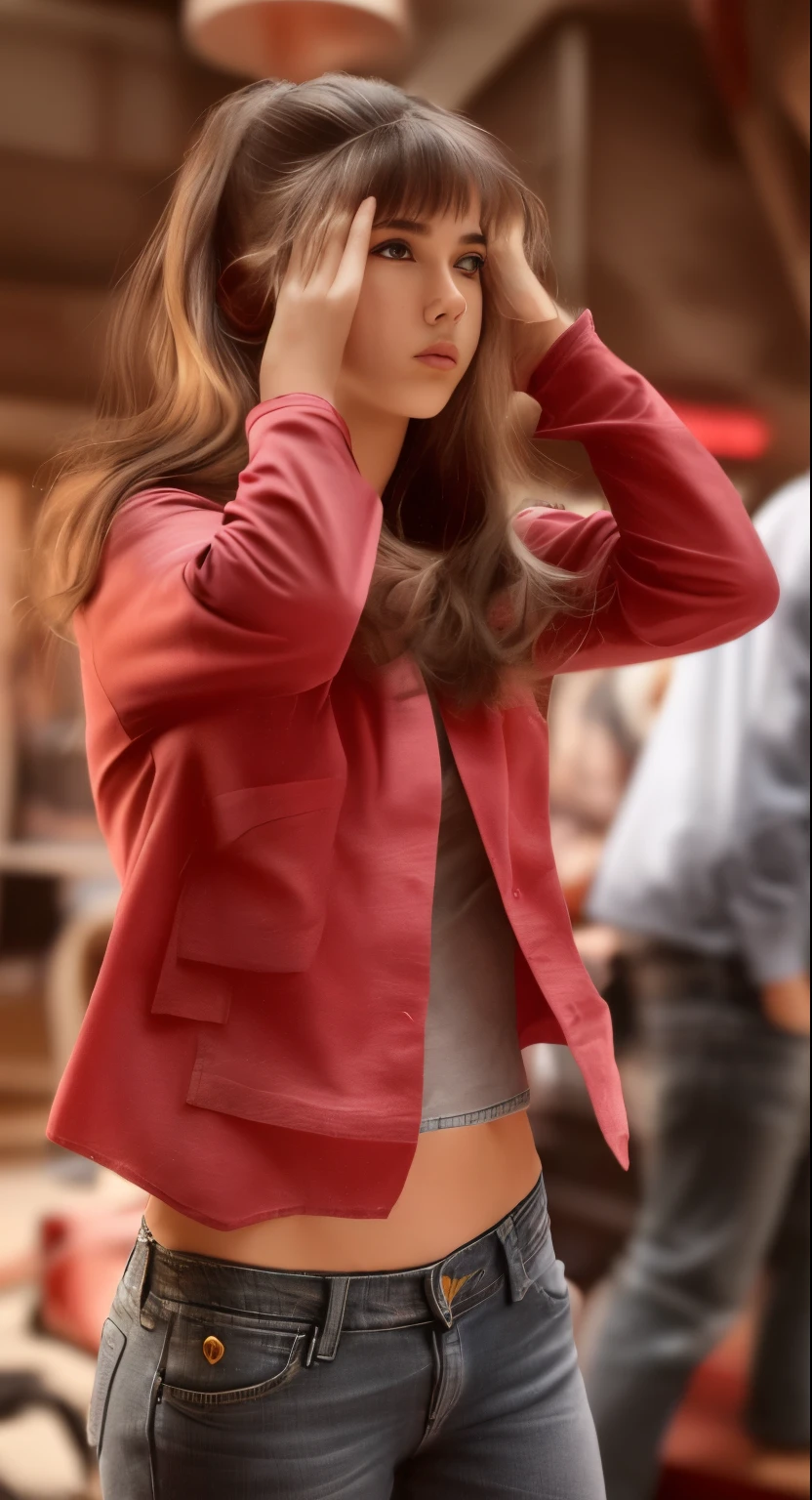Young age girl,Wearing a red shirt and gray low-rise jeans,Smooth skin,Anxious movements。Put your hands on your hair。
