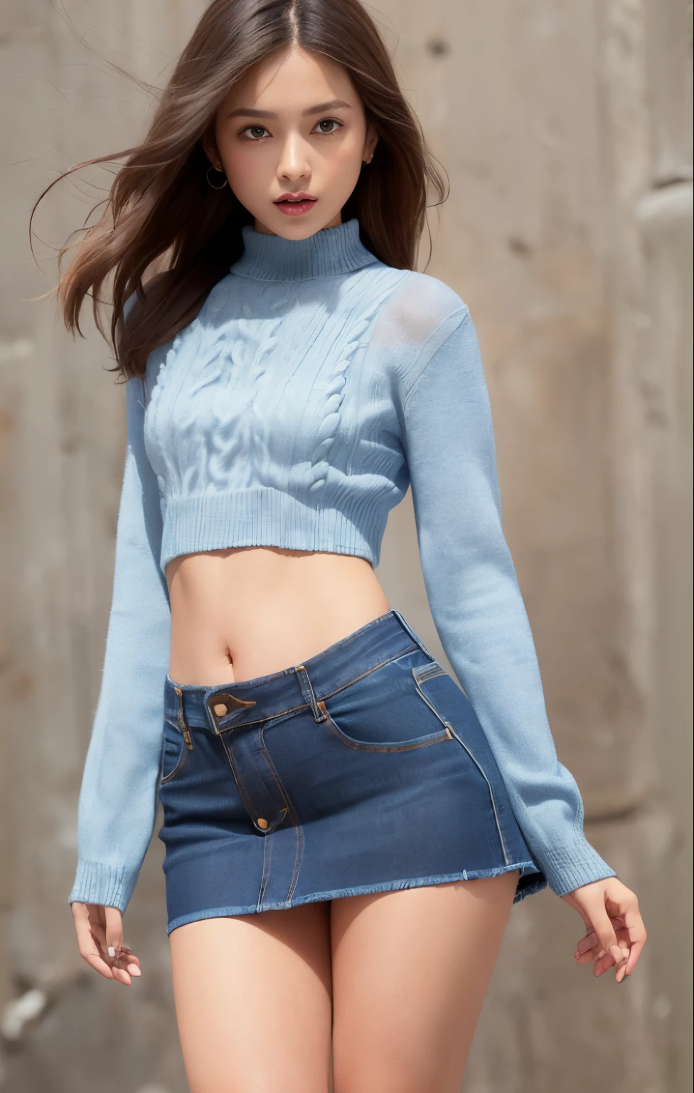 ((masuter piece:1.3)、(8K、Photorealsitic、Raw photography、top-quality: 1.4)、(1girl in)、Beautiful expression、(Lifelike face)、(A dark-haired、long)、 Beautiful hairstyle、realisticeyes、Beautiful details、（real looking skin）、Beautiful skins、absurderes、enticing、超A high resolution、A hyper-realistic、high-detail、the golden ratio、 ((wide open abdomen))、((open abdomen))、((wide open navel))、((open navel))、((Bare belly))、((Mid-Riff Sweater))、((Ultra-low rise、Denim Mini Skirt))、 ((Navel Ejection))、((small hips))、((long limbs))、((Full body depiction))、((small  hip))、(boots)、((Ultra-low rise))、((Denim Mini Skirt))、((is standing))、