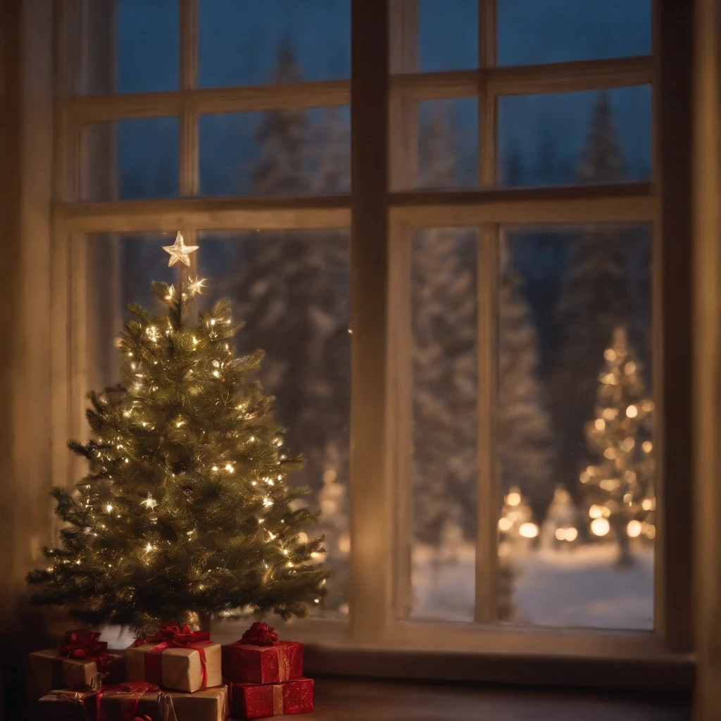 window, Christmas, showing at night, in 16K