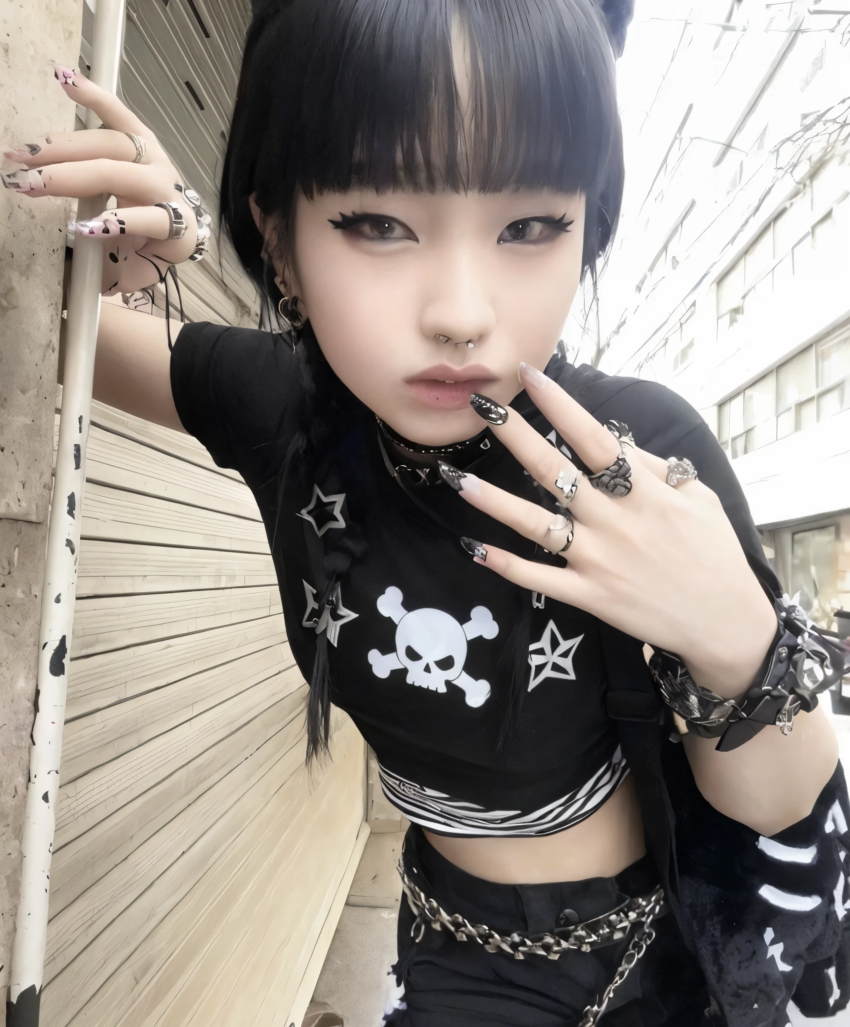 puffy Asian girl with a skull and crossbones tattoo on her chest, cruel korean goth girl, 1 7 - - old me goth girl, 1 7 - year - goth gi goth girl aesthetic, goth girl, Ela parece uma mistura de Grimes, gothic aesthetic, Killstar, estilo punk, kanliu666, Garota Punk