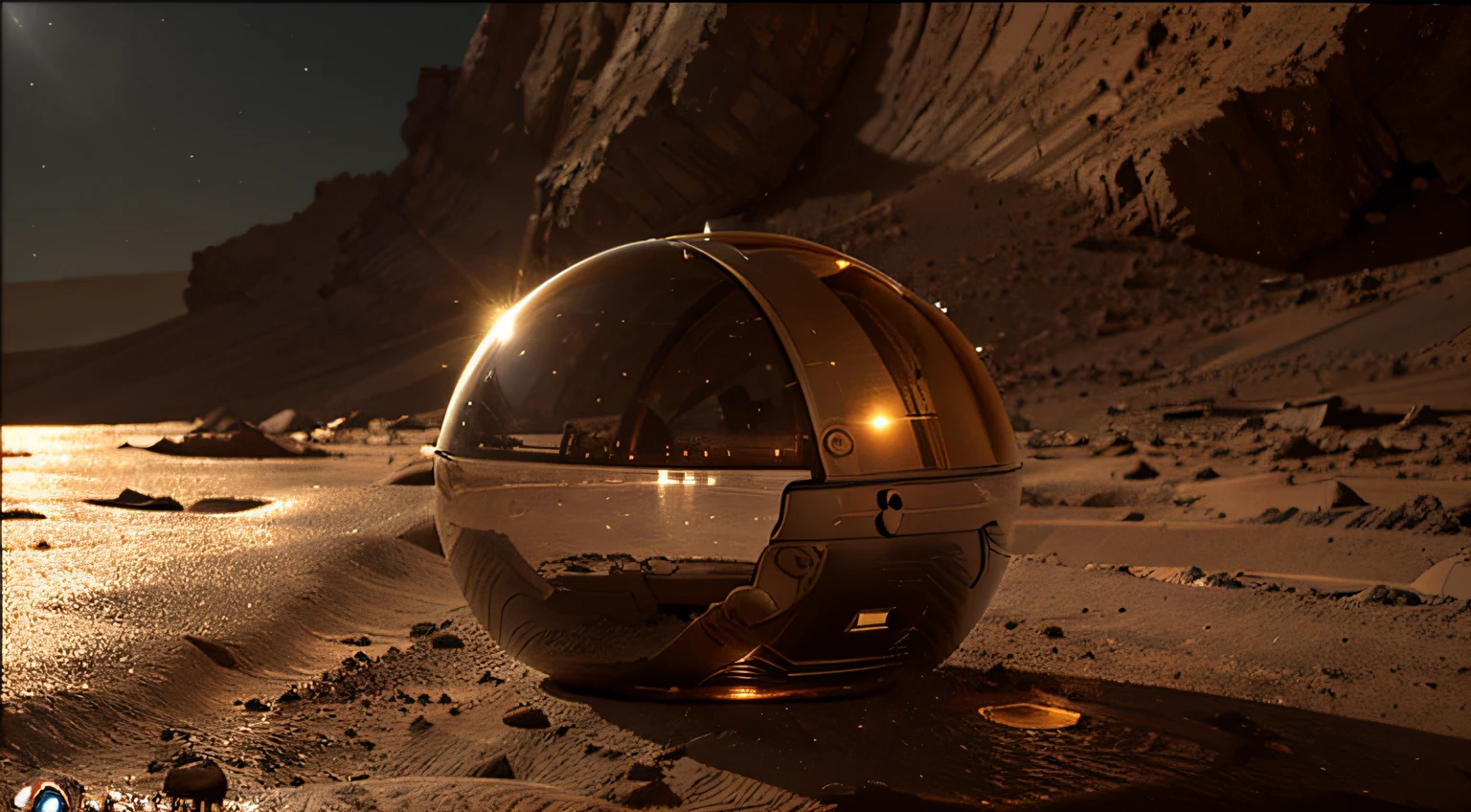On Mars, a high-tech Mars laboratory. The device has a strong metallic texture, transparent glass texture, and ultra-wide-angle lens. The picture is bright and realistic, with photographic effects and golden section composition.