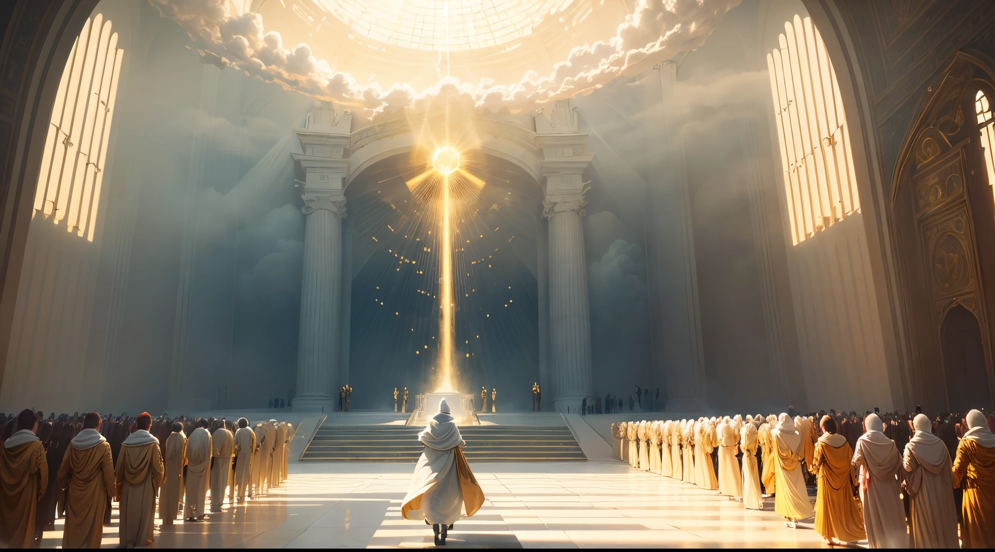 mass of people walking among the clouds towards the gates of heaven, the gates are golden with golden blinds and at the end of the walk, people all dressed in white, the clouds are quite heavenly, at the end of the walk a strong and bright shining light at the end from input, 8k, ultra realistic