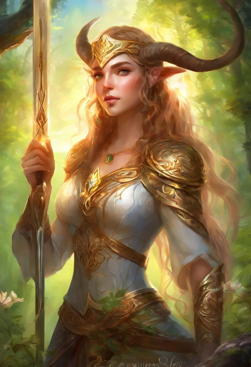 (elfa,aries symbol tattoo on chest,tattoo of heart on forehead,forest environment,sunlight,high resolution,gladius sword in hand),(oil painting),(detailed facial features,flowing hair,green eyes,elven ears),(moss-covered trees,gentle breeze,ray of light penetrating through the branches),(vibrant colors,rich tones),(soft, warm sunlight,casting enchanting glow),(magical ambience),(realistic,photorealistic),(ultra-detailed),(bokeh),(mystical fantasy),(Aries symbolism),(dynamic composition),(graceful posture),(Fictional character)