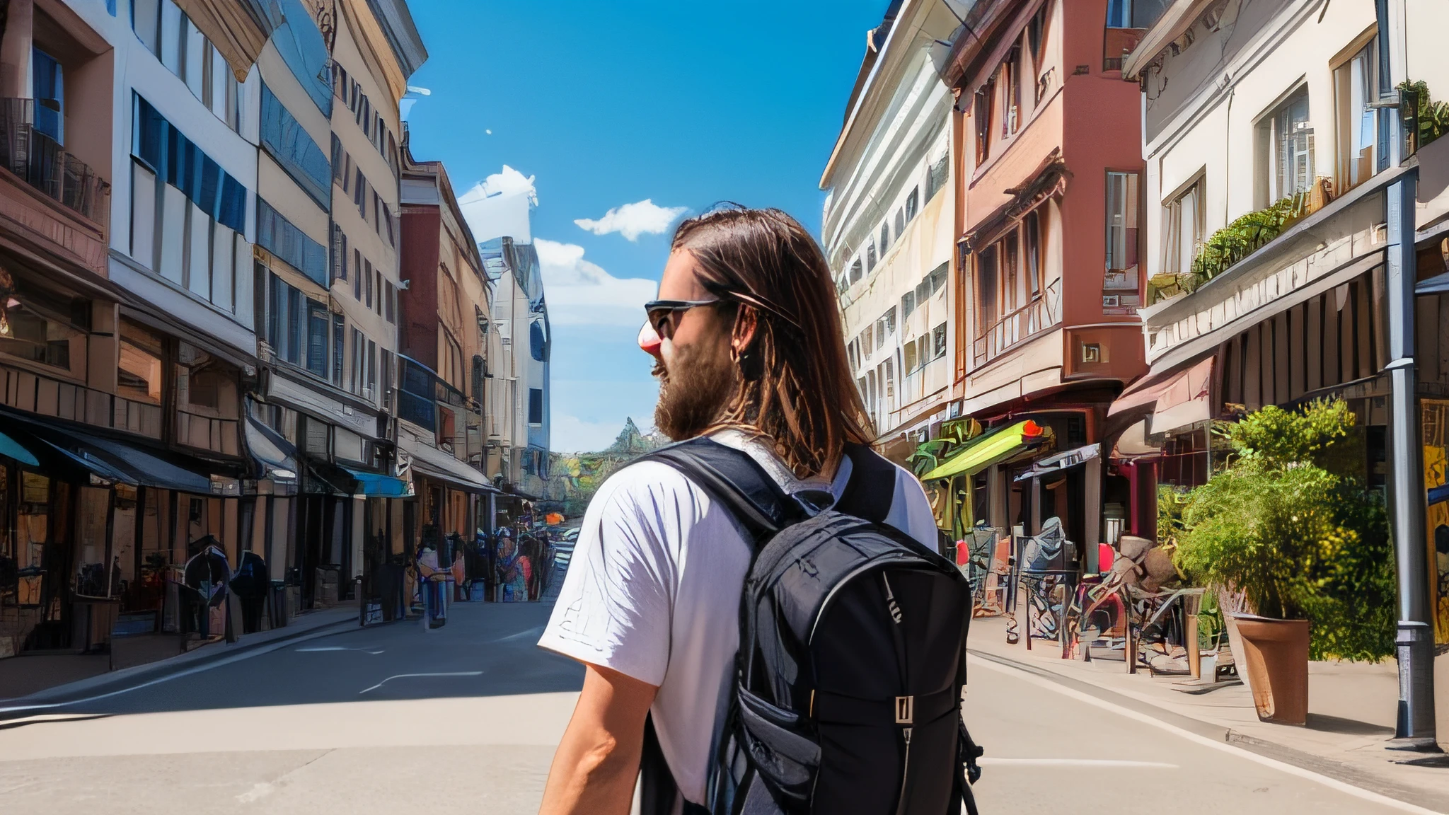 A man, a 35-year-old European backpacker with long, brown hair, is portrayed in a wide medium wide shot. The camera captures him from behind, with his head turned towards the camera. He is at a square in the city of Victoria, Seychelles. Being a backpacker, the man is dressed in casual and practical clothing suitable for his adventurous journey.