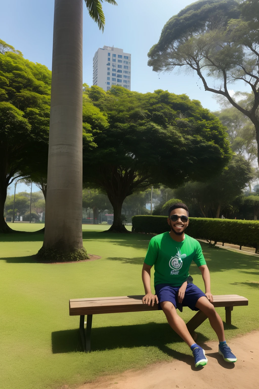 sorridente de camisa verde sentado em um banco em um parque, imagem de qualidade muito baixa, em um parque, com um parque ao fundo