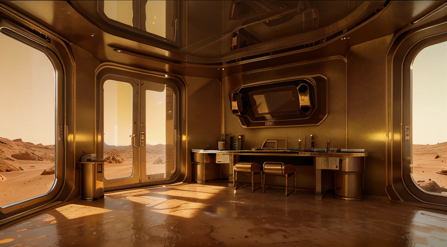 On Mars, a high-tech Mars laboratory. The device has a strong metallic texture, transparent glass texture, and ultra-wide-angle lens. The picture is bright and realistic, with photographic effects and golden section composition.