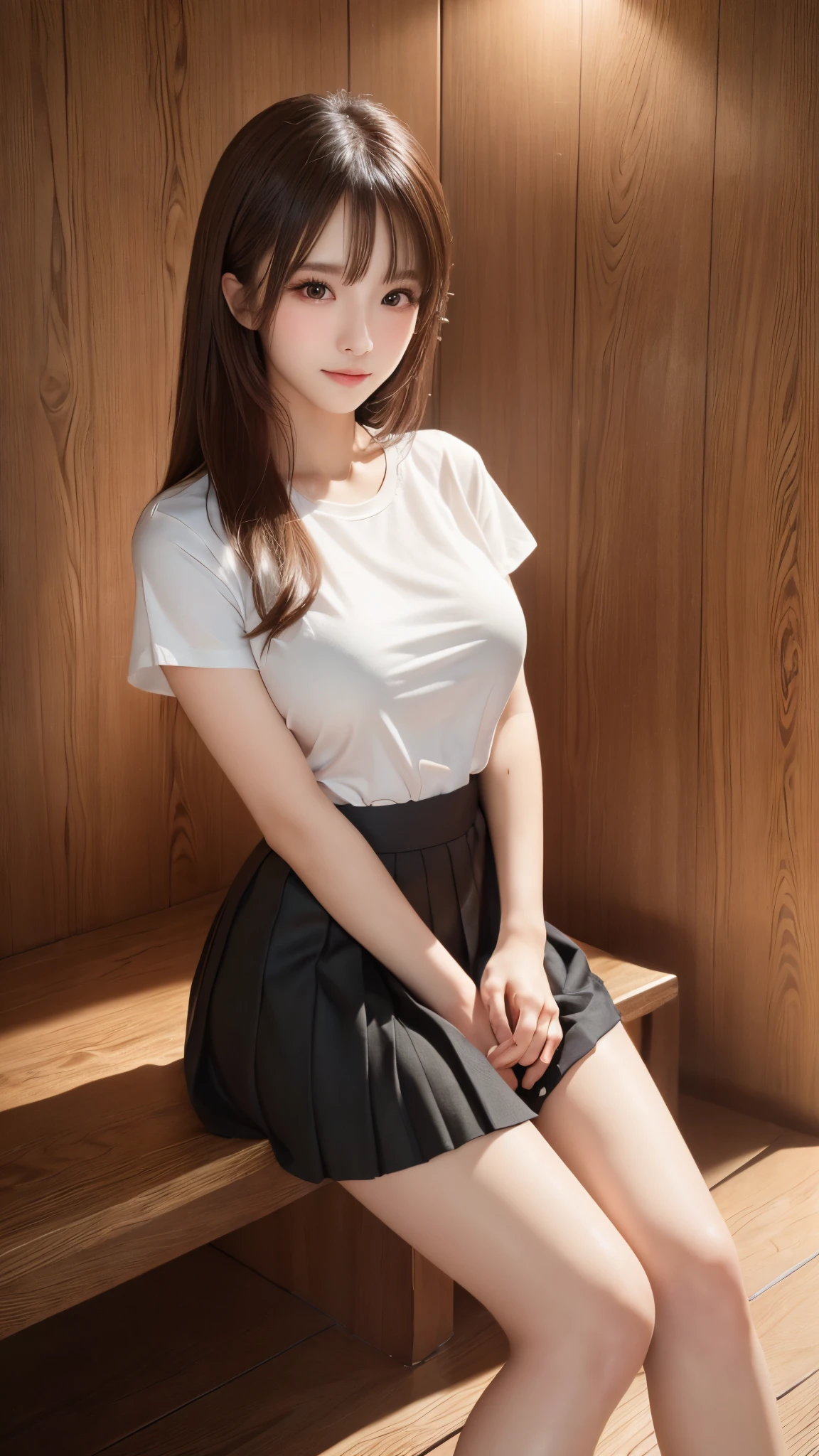 Innocent 18 year old girl、((White T-shirt, small black pleated skirt,Black High Heels,I can see the shape of big breasts,Dramatic poses)),Crisp eyes,High quality face,Smile,Long straight hair、Background of Western-style buildings、Wooden wall background、Raw photo, (8K、top-quality、​masterpiece:1.2)、(intricate detailes:1.4)、(Photorealsitic:1.4)、octane renderings、Complex 3D rendering ultra detail, Studio Soft Light, Rim Lights, vibrant detail, super detailing, realistic skin textures, Detail Face, Beautiful detail eyes, Very detailed CG Unity 16k wallpaper, make - up, (detailedbackground:1.2), shinny skin, Full body、((From head to thigh)),((Shot from below))、KPOP Idol Face