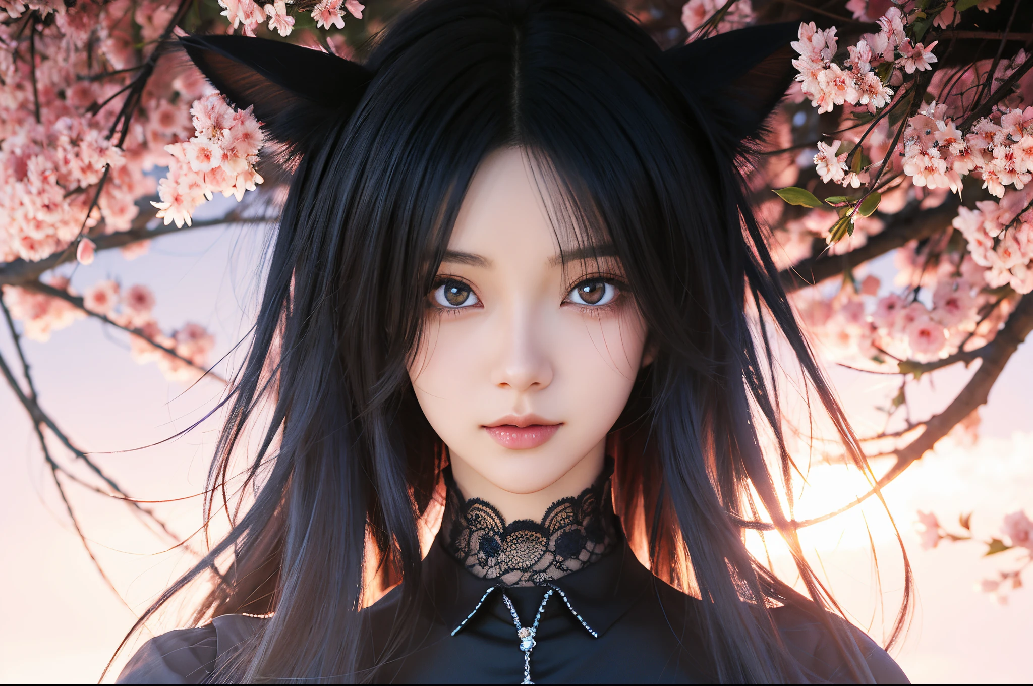 Anime girl with long black hair and blue eyes standing in front of the full moon, Guviz-style artwork, A beautiful anime portrait, a stunning anime face portrait, beautiful anime catgirl, Cat ears anime girl, Digital anime illustration, anime in fantasy style, guweiz, detailed portrait of an anime girl, detailed digital anime art