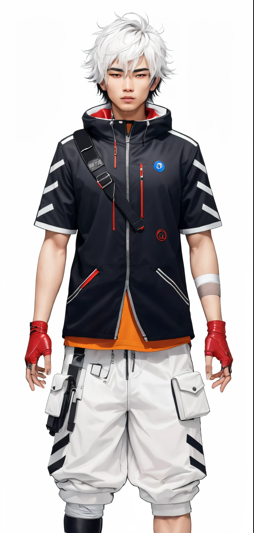 Asian man with white and black hair, olhos vermelhos, band-aid preto no nariz, um brinco cruz azul na orelha esquerda, usando uma jaqueta cyberpunk preta com detalhes vermelhos, a backpack strap across your chest, red leather gloves, bandages covering the entire left arm, um shorts branco em um fundo cyberpunk