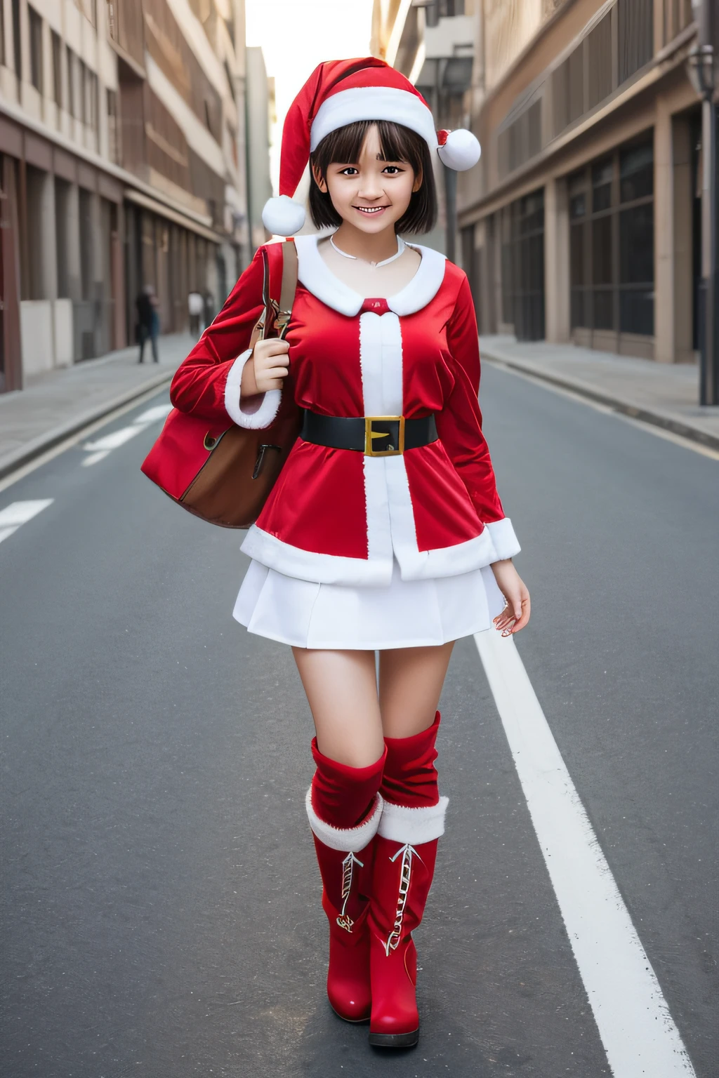 (((kawaii、kawaii、kawaii、a smile、Medium Bob Hair、short、15yo student、perfectly proportions、huge tit)))、masutepiece, Best Quality, in 8K, 15yo girl, ((big eye、drooing eyes、japanes))、Raw photo, absurderes, award winning portrait, Smile, Solo, Daytime, Idol face, Delicate girl, Knee High Shot, Digital SLR, Looking at Viewer, Candid, Sophisticated, Thin arms, soft light rays、Professional Lighting, chromatic abberation, (Eyes and faces with detailed:1.0), ((NSFW:1.7、realisitic))、1girl in, ((Female Student Uniforms)), Look at viewers, Young Face、Satisfied look, (( Red Santa Claus Costume、a miniskirt、Short boots)),up chest、 (( day street、In the street、))