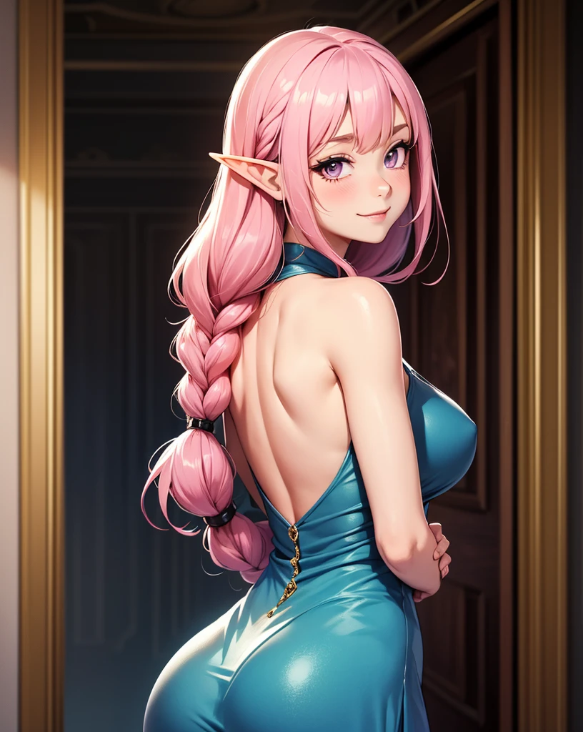 young elven noble lady, 1girl, young adult, small breasts, elf, violet eyes, body towards viewer, official portrait, timid, skittish, shy, blush, kind smile, hair that cascades down her back, braids, slender figure, graceful, princess, gentle, caring, simple jewelry, pretty face, beauty, nobility, fair skin, long hair, pink hair, wearing elegant dress, navy dress, palace, absurdres, high res, ultrasharp, 8K, masterpiece, looking at viewer