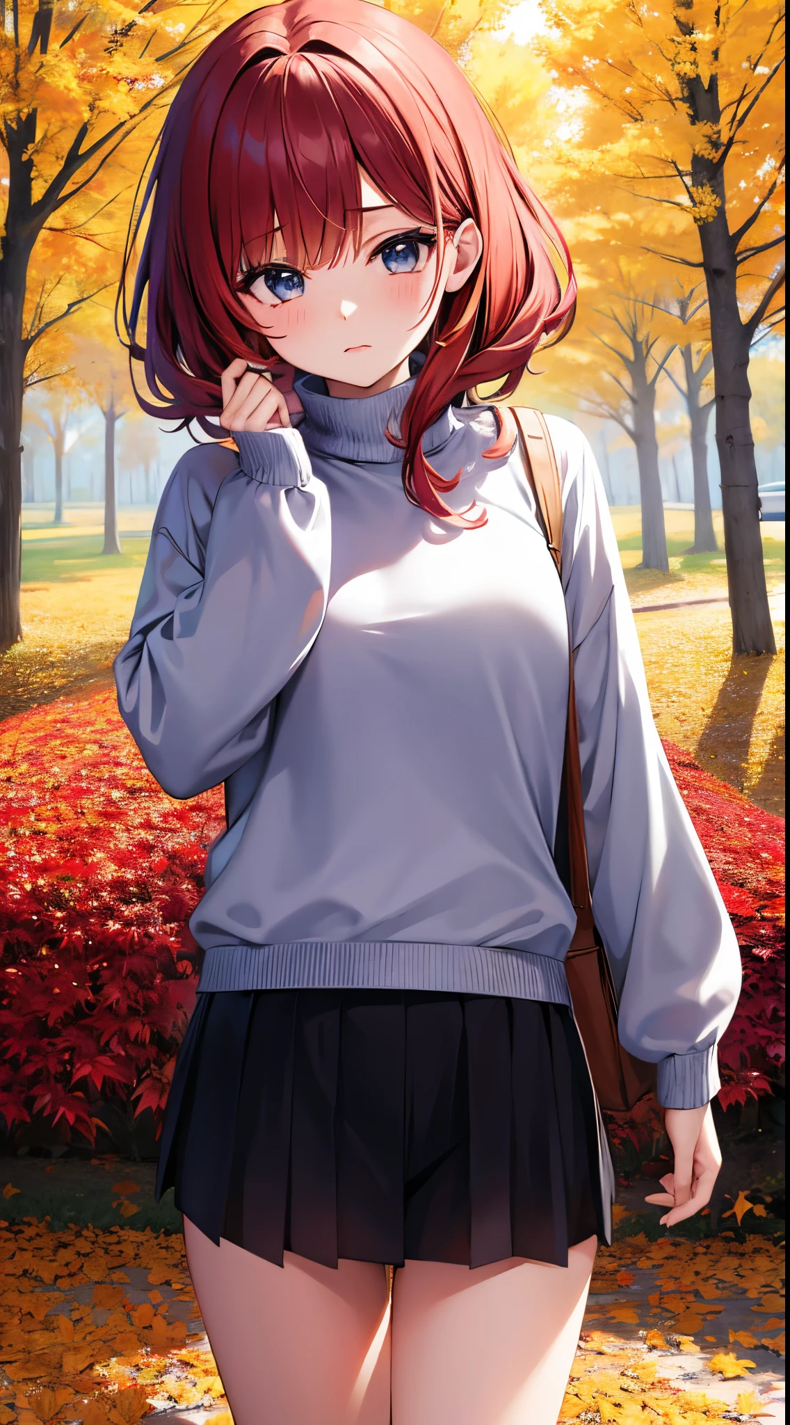 Anime girl, sweater, autumn leaves