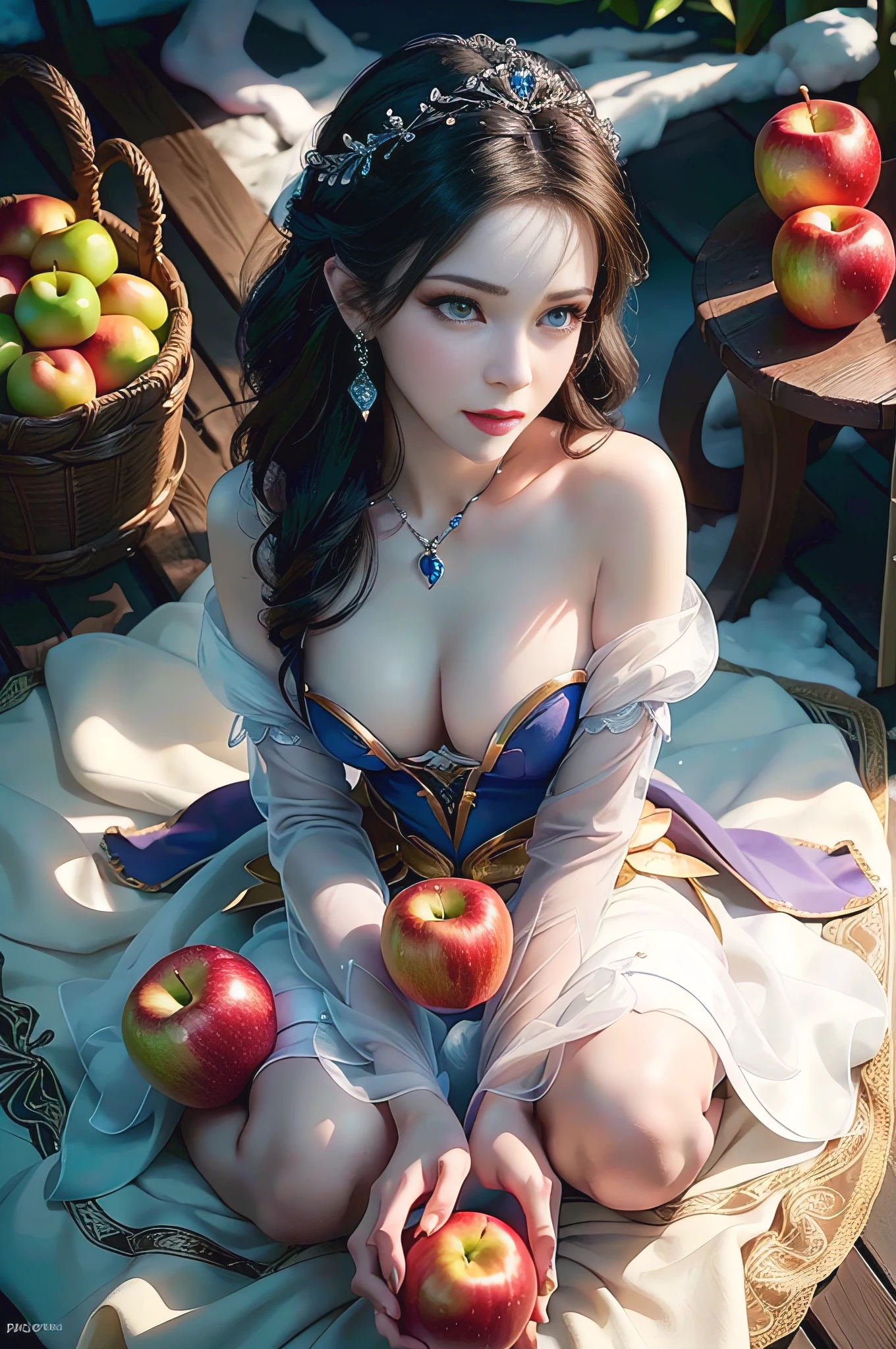 (generate princess snow white from disney holding an apple, beautifull face, pretty face, beautifull eyes, beautifull nose, raytracing, beautifull fingers, beautifull hands, (4 fingers in 1 hand), full body photoshoot, pretty makeup, perfect anatomy, good lighting, professional photoshoot, sharp eye, fresh lips