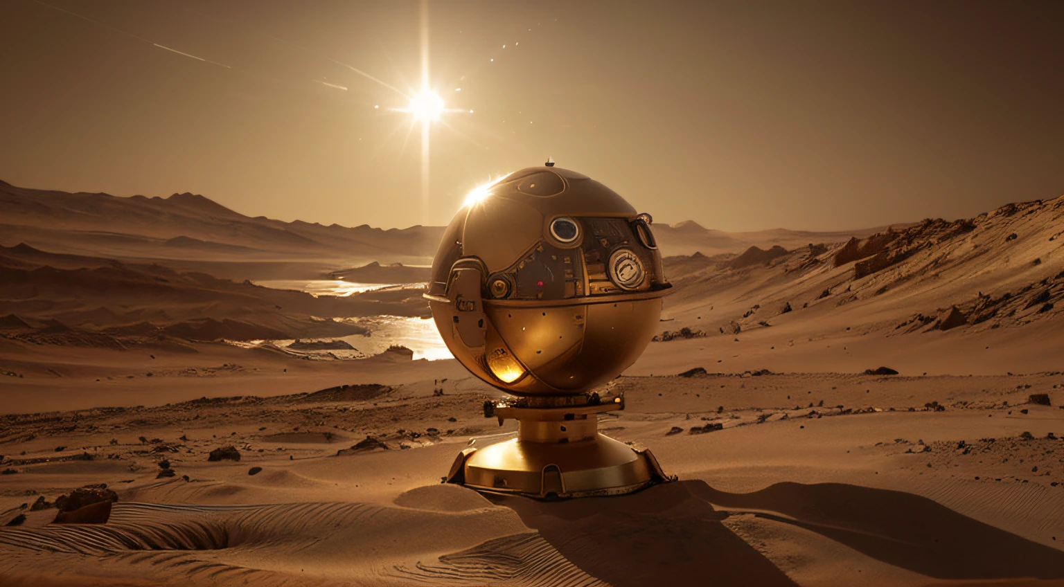 On Mars, a high-tech Mars laboratory. The device has a strong metallic texture, transparent glass texture, and ultra-wide-angle lens. The picture is bright and realistic, with photographic effects and golden section composition.