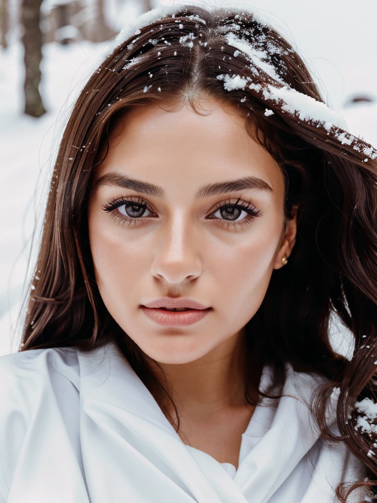 Masterpiece, Sexy woman, Albanian woman, 30 years, cute face, neat face, detailed face, small neat nose, neat plump lips, big brown eyes, brown eyes, Alice Milano, long hair, curly hair, natural shine, chocolate hair, western, hot girl with charm face, beautiful dress like a Queen, dress of the 19th century, winter, laying on the snow, top view, entire body in frame, detailed and realistic image, full-frame, very detailed 8k HD high definition detailed realistic, skin detailed texture