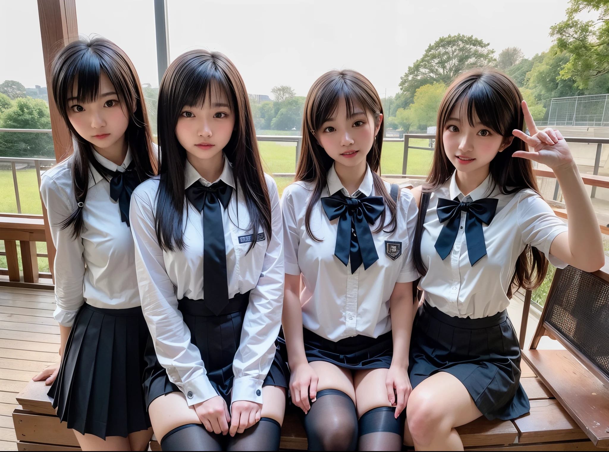 Four girls in school uniforms are taking pictures, Seifuku, with index finger, 8K!, 8K!!, Happy!!!, 🚿🗝📝, SSAO 8 K, japanese high school, JK Uniform, 4k Racepost, Post in 4K, Selfie in 8K, 4K!, top-quality、hightquality、Extreme Detail Photography、Eye for extreme detail、Super Detail Face、Hair in super detail、Super detail body、8K, RAW Photography, Masterpieces, high definition RAW color photos professional close-up photos, Realistic, Photorealism , Highest Quality, Best Shadows, Best Illustrations, Ultra High Resolution, High-Definition CG Unified Physics-Based Renderer, perfect anatomia ,the background is blurred , physically-based renderingt、Hi-Res, NSFW, perfect leg、Perfect fingers、perfect hand、Perfect body、The beauty of symmetry、Clean symmetry、Beautiful teeth、Beautiful teeth alignment、Japan Person Model、Perfect face,Cute, Cowboy Shot , Professional Lighting、1 japanese girl,Slim Faces、Nipple Cleavage Top Quality、8K、​masterpiece、Natural makeup、lipgloss、exposed breast、Open crotch、enchanting posture, Crotch panties exposed、Nasty eyes、