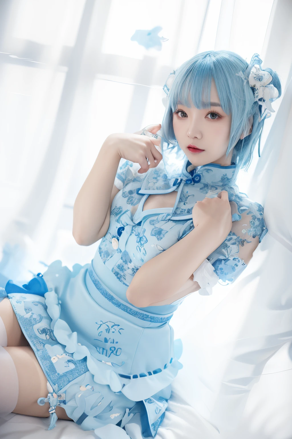 Light blue hair、light blue cheongsam dress