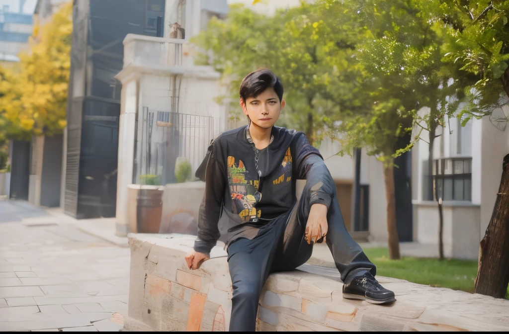Boy sitting on wall