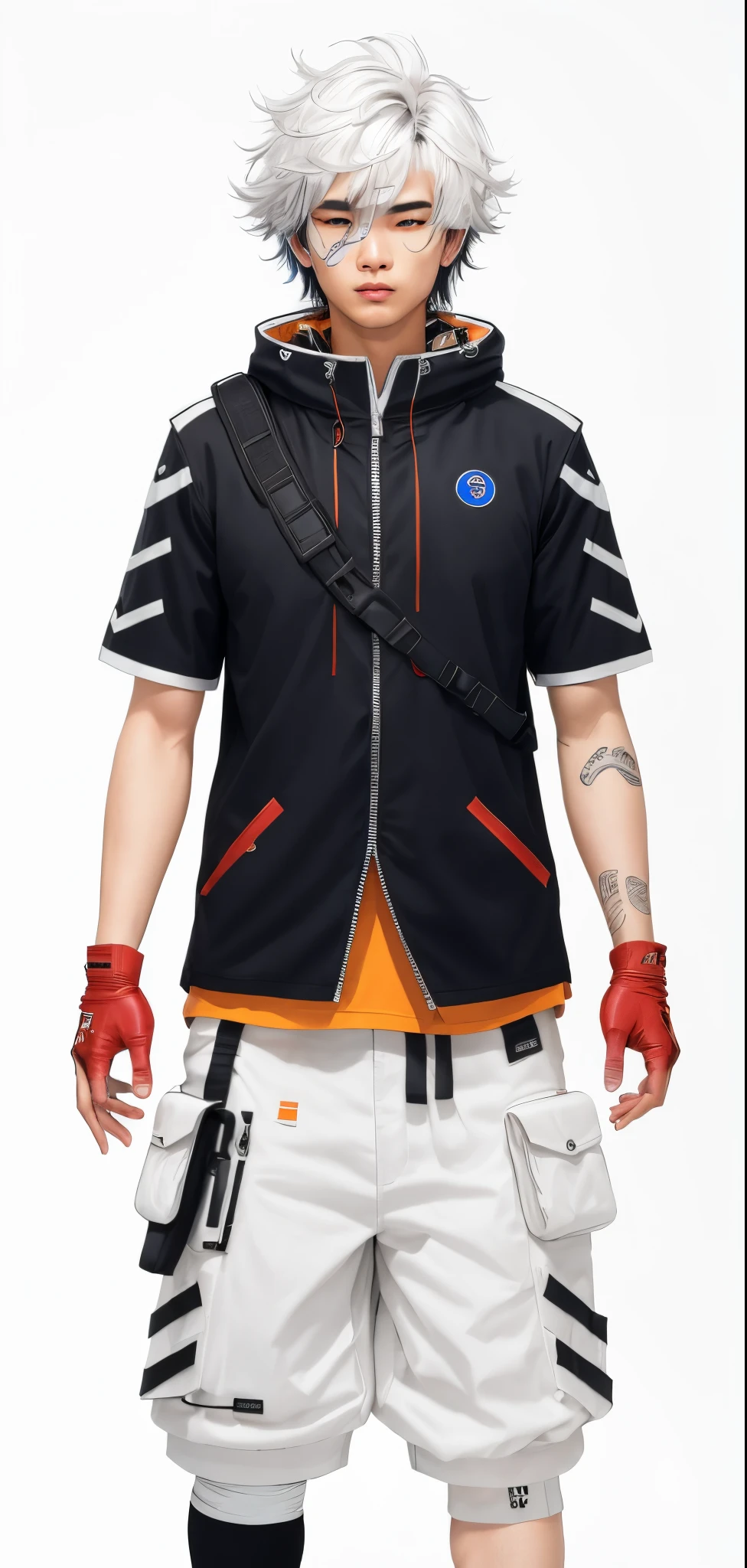 Asian man with white and black hair, olhos vermelhos, band-aid preto no nariz, um brinco cruz azul na orelha esquerda, usando uma jaqueta cyberpunk preta com detalhes vermelhos, a backpack strap across your chest, red leather gloves, bandages covering the entire left arm, um shorts branco em um fundo cyberpunk
