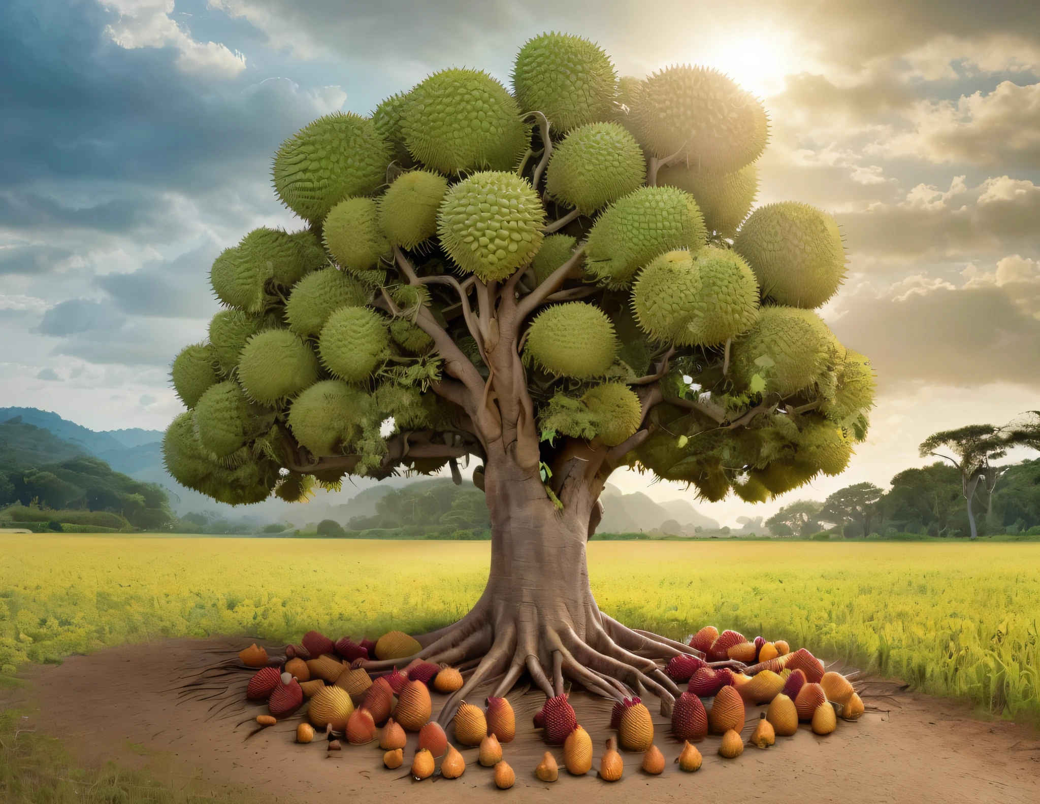 Photo is a durian tree with many fruits growing on it in the field, rich tree, breath - taking beautiful trees, breath-taking beautiful trees, exotic trees, a beautiful tree, weird alien trees, big tree, giant tree, large tree, massive tree, tree of life seed of doubt, shutterstock, huge central tree, masterpiece work of art, highly detailed photograph