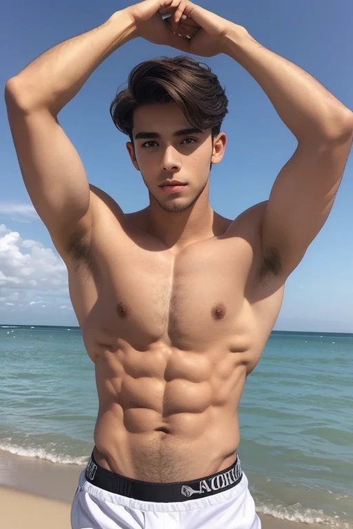 foto de cuerpo entero, guapo, fresco,chico guapo ,Cara lisa, childish, ojos verdes, Mischievous look, sonrisa, Peinado fresco pelo corto con degradado lateral, cuerpo ectomorfo definido abdominales marcados, Chico realista, cuerpo, elegante, Fondo fresco, handsome boy 18 years old, He only wears white boxers, 8k , Full HD, 4k, a high definition, 8k completo,Cuerpo liso definido marcados abdominales y pectorales, sin vello en el cuerpo, tono de piel moreno, Suave ,sin pelo en el cuerpo totalmente liso, fondo de una playa, cuerpo sin vello
