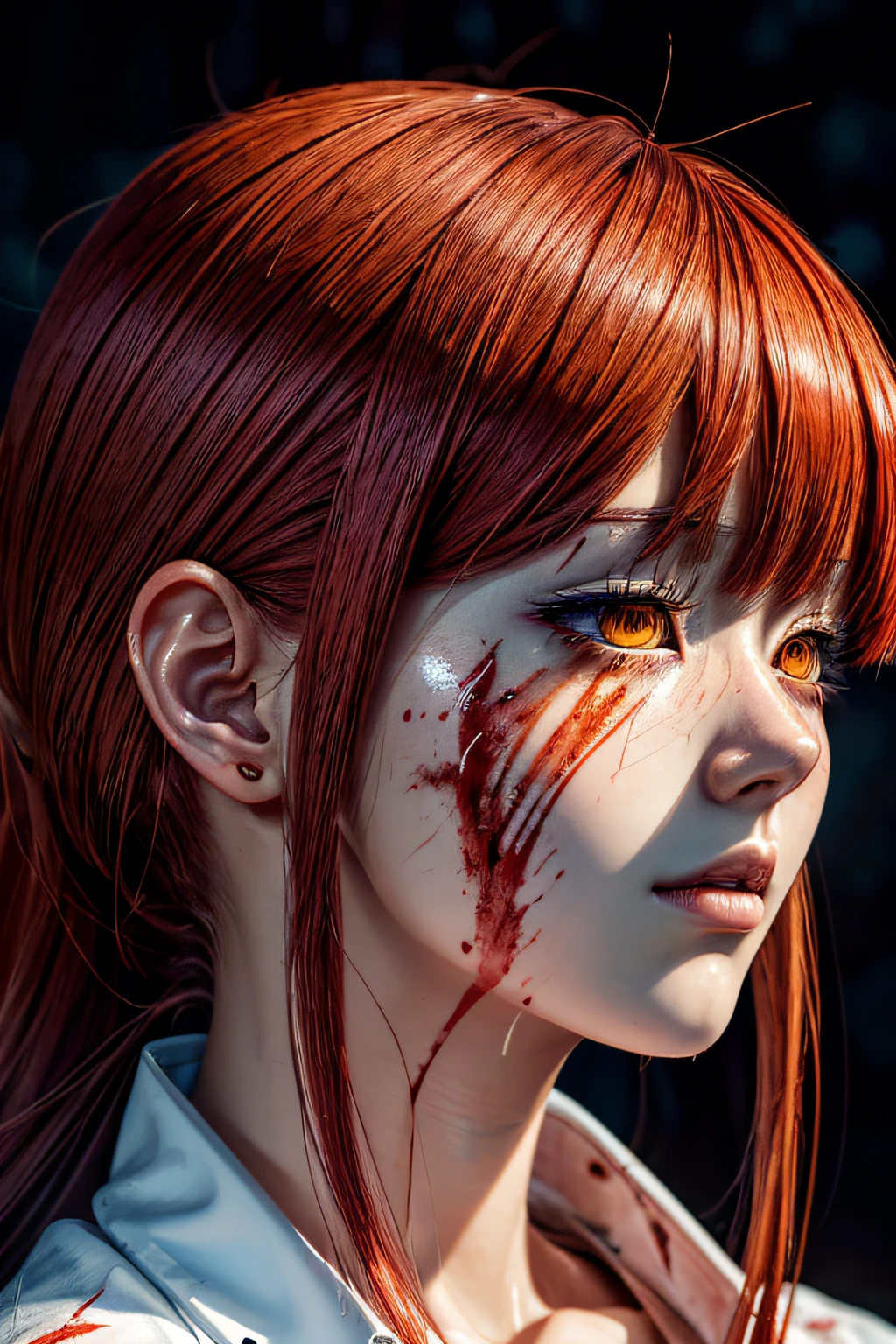 masterpiece, best quality, (extremely detailed CG unity 8k wallpaper, masterpiece, best quality, ultra-detailed, best shadow), (detailed background), (beautiful detailed face, beautiful detailed eyes), High contrast, (best illumination, an extremely delicate and beautiful),1girl,((colourful paint splashes on transparent background, dulux,)), ((caustic)), dynamic angle,beautiful detailed glow,full body, blood splash on face. close up of a woman, anime girl with red hair and a white shirt and tie, a character portrait by Yang J, pixiv, shin hanga, portrait of an anime girl, female anime character, portrait anime girl, portrait of asuka langley soryu, beautiful anime portrait, detailed portrait of anime girl, anime character, realistic anime artstyle, anime girl portrait, anime character portrait, blood on face, sweat face, blood shed