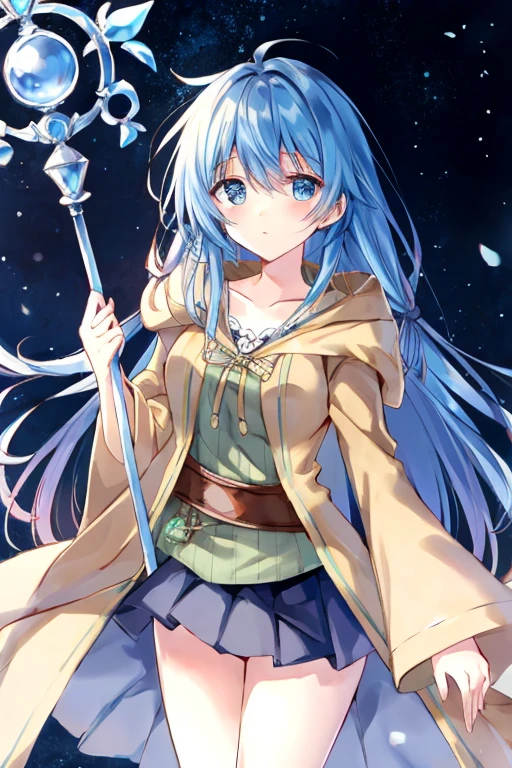 masterpiece, best quality, ultra high quality cg, eria ygo, 1girl, solo, long hair, looking at viewer, skirt, shirt, long sleeves, holding, hair between eyes, medium breasts, closed mouth, collarbone, cowboy shot, pleated skirt, open clothes, hood, wide sleeves, black skirt, blue background, hood down, staff, robe, green shirt, holding staff, duel monster, ribbed shirt, open robe, hooded robe