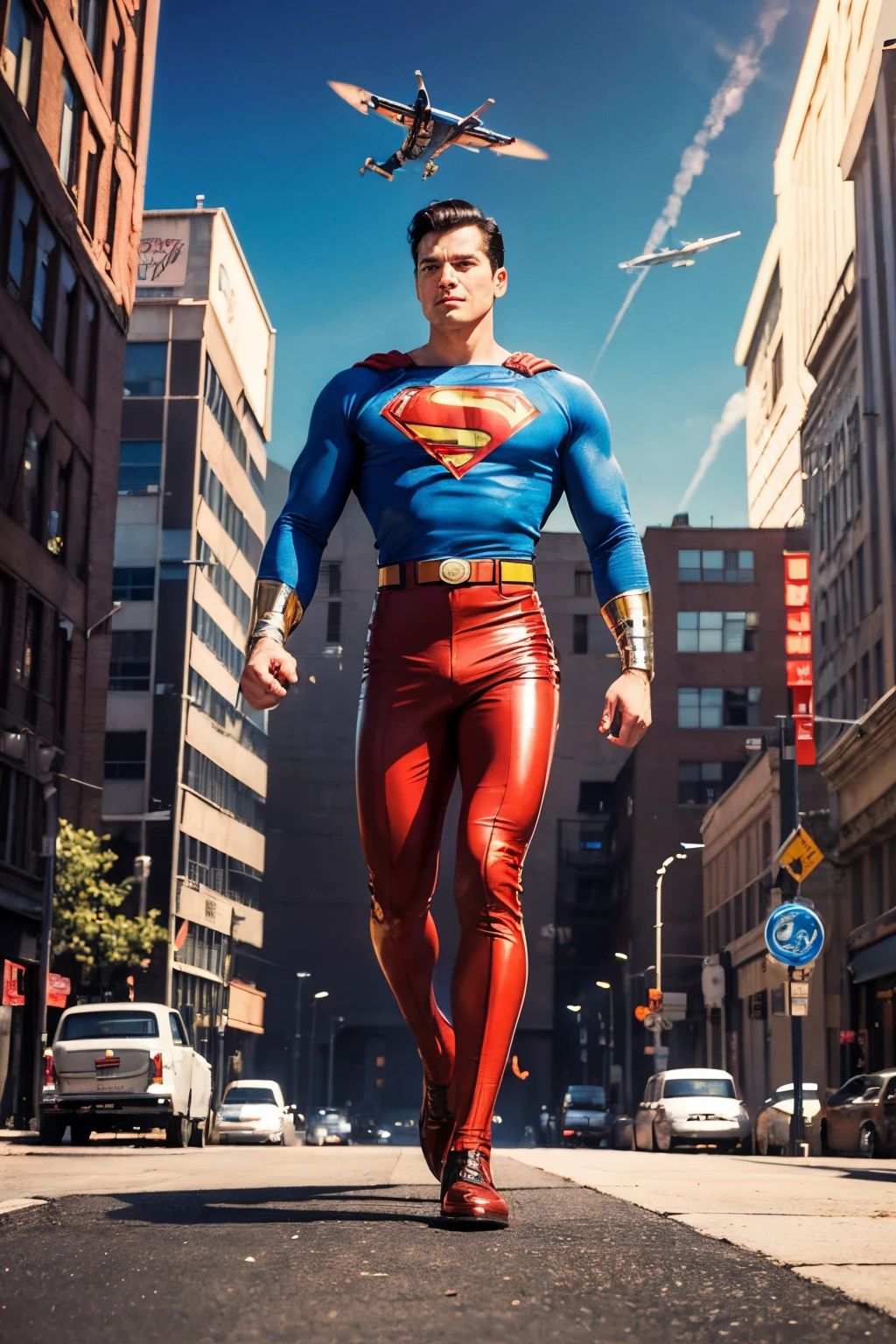 one muscle, Powerful Superman in a dynamic flying pose, with a confident and determined expression on his face, retrofuturistic of tomorrow industrial district, standing in front of a building, retro sci - fi art, 60's sci-fi pinup style, 60's sci-fi pinup, vintage sci - fi art, scifi man, retro pulp art, as a retrofuturistic hero, 5 0 s pulp scifi illustration, ( art fitzpatrick ), as a retro futuristic hero, gorgeous colored sky cluttered with flying things, looking directly at you :: populuxe aesthetic :: 1950s palette, high res, ultrasharp, 8k, masterpiece