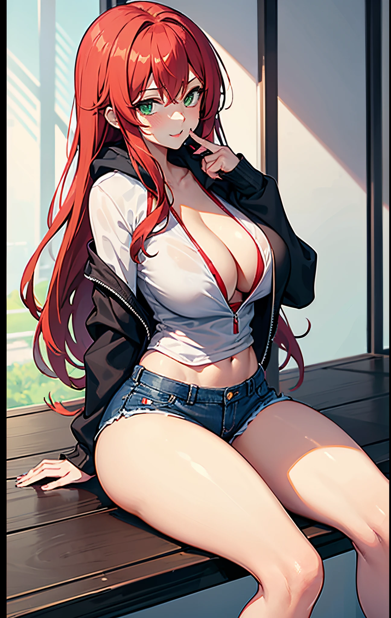 1 anime woman, solo, anatomically correct, red hair, straight hair, long hair, beautiful green eyes, lustful, seductive, excited, wearing a white shirt, cleavage, huge boobs, a black hoodie on top, unbuttoned hoodie, tight black pair of pants, wide hips, juicy thighs, Sports shoes, looking at the viewer, public background, 8k, best quality