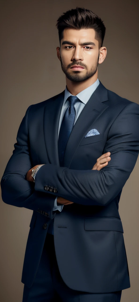 (best quality,4k,8k,highres,masterpiece:1.2),ultra-detailed,(realistic,photorealistic,photo-realistic:1.37),professional,portrait,man in suit,serious expression,boy,male focus,solo,facial hair,crossed arms,upper body,looking at viewer,brown eyes