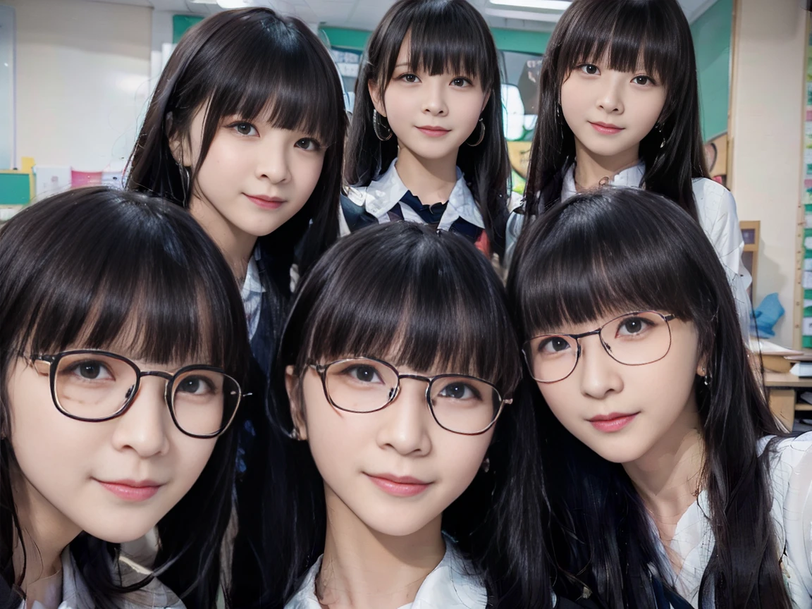 a picture、5girls、Same face, matching school uniform、matching black-rimmed glasses、Five cute -yeld gi with long black hair and big breasts.、a smile、selfee、Classroom、Raw photo