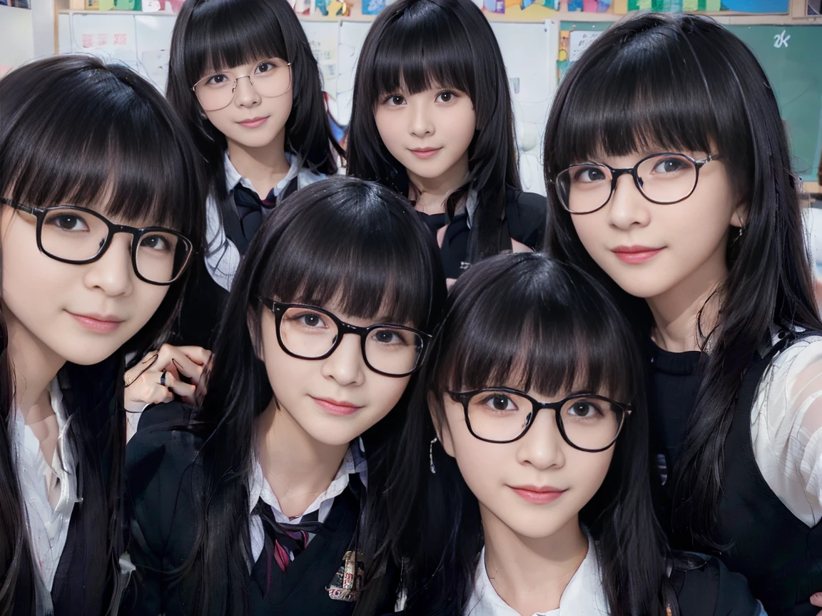 a picture、5girls、Same face, matching school uniform、matching black-rimmed glasses、Five cute -yeld gi with long black hair and big breasts.、a smile、selfee、‎Classroom、Raw photo