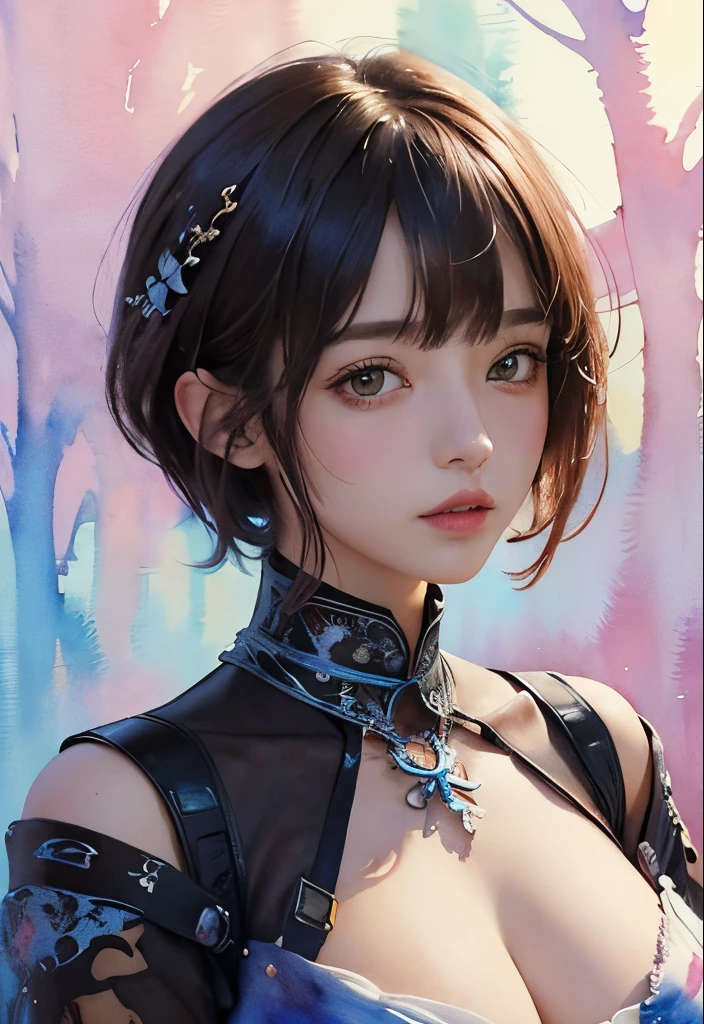 (masterpiece、top-quality、top-quality、Official art、Beautifully Aesthetic:1.2)、(1girl in)、ighly detailed、(Fractal Art:1.3), (watercolor paiting:1.3), colourfull、highestdetailed, ((short hair with bangs)), Colossal tits