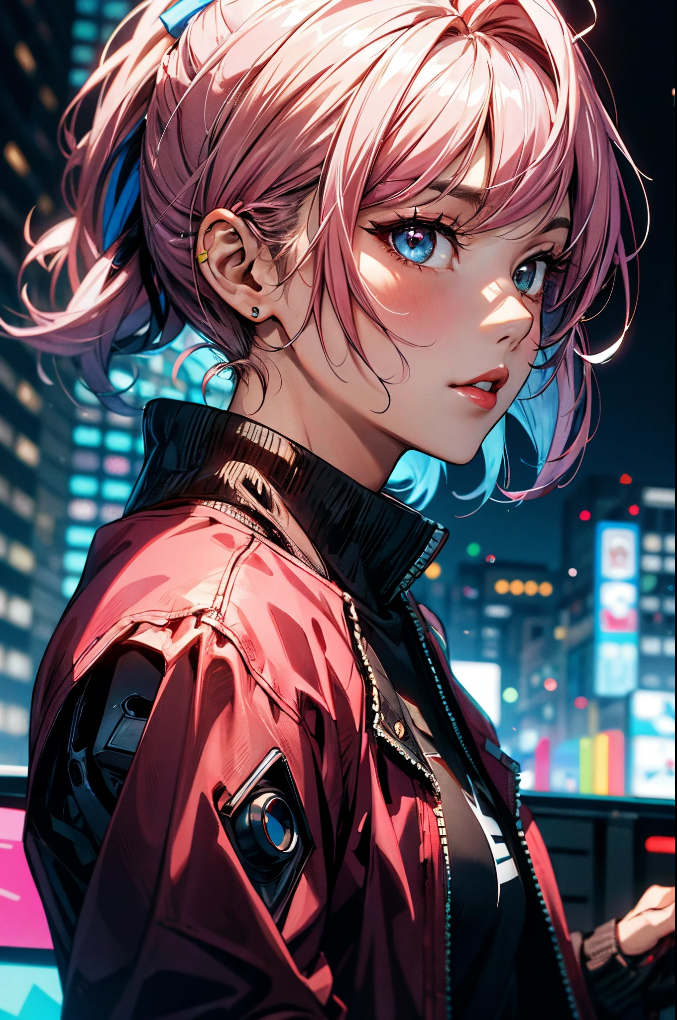 lucy \(cyberpunk\), 1girl, bangs, blue hair, colored tips, close up, from side, grey eyes, jacket, long sleeves, looking at viewer, medium hair, moon, multicolored hair, parted bangs, parted lips, pink hair, portrait, red eyeliner, red lips, solo, white jacket, cyberpunk \(series\), cyberpunk edgerunners ,