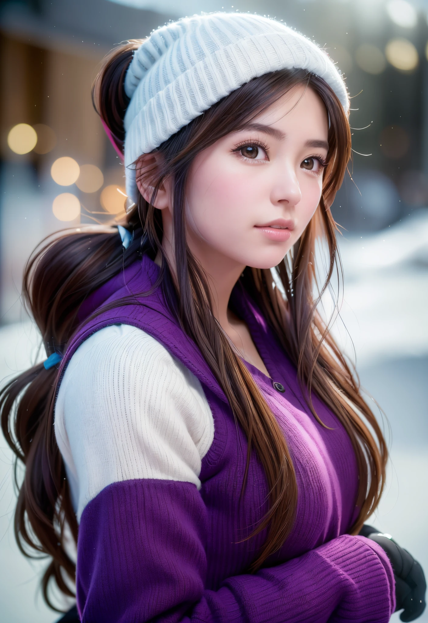 8K, of the highest quality, masutepiece:1.2), (Realistic, Photorealsitic:1.37), of the highest quality, masutepiece, Beautiful young woman, Pensive expression,、A charming、and an inviting look, skiing、snowboarder、Ski Wear, Hair tied back, Cinematic background, Light skin tone、Ski Resort Background