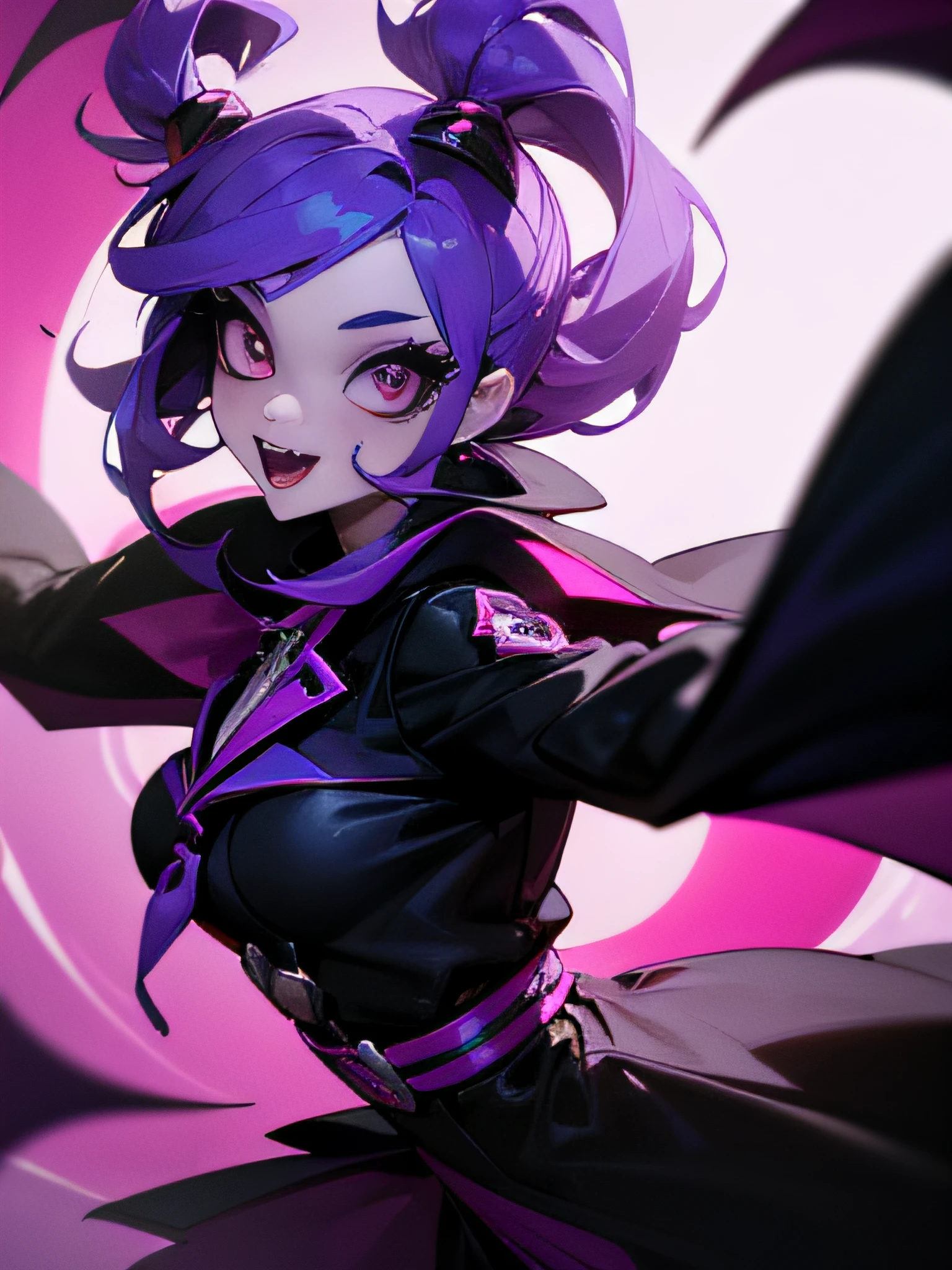 new good and young female student-character in the movie "monster high", attractive vampire with fangs, cape, colorful full body-clothes, school uniform, wide full shot, whole body in frame, posing, vibrant colors, horrifying aesthetic,studio lighting