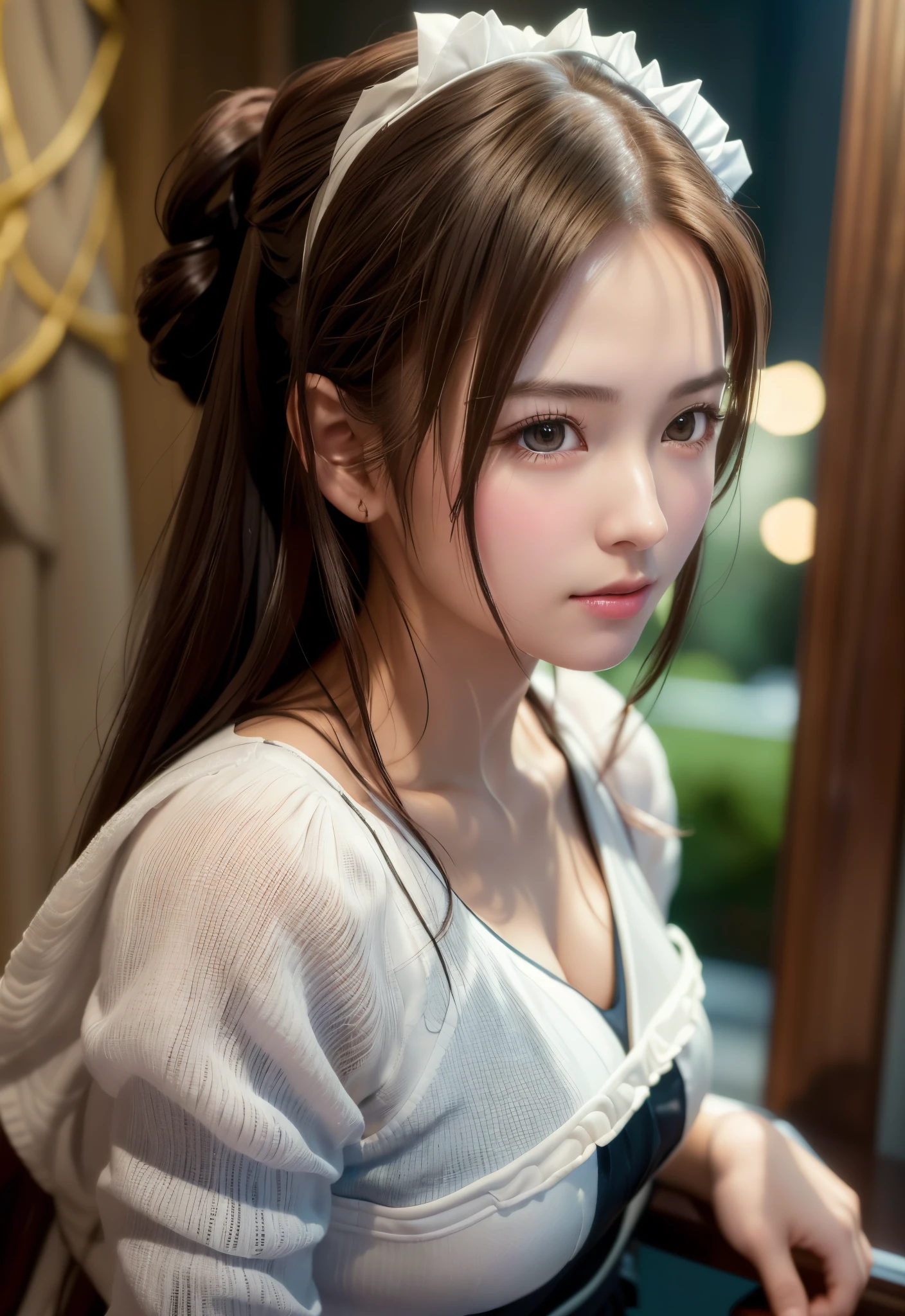 8K, of the highest quality, masutepiece:1.2), (Realistic, Photorealsitic:1.37), of the highest quality, masutepiece, Beautiful young woman, Pensive expression,、A charming、and an inviting look, Cute Maid Clothes, Hair tied back, Cinematic background, Light skin tone