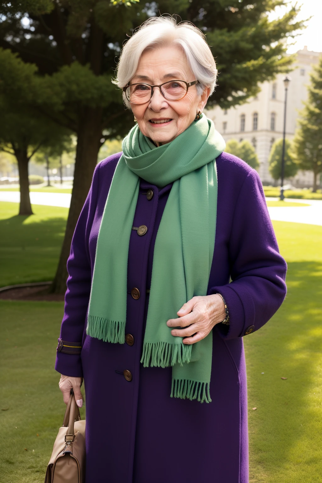 masterpiece, best quality, an old woman with glasses and a scarf on, wearing a purple coat and green scarf, standing at the park