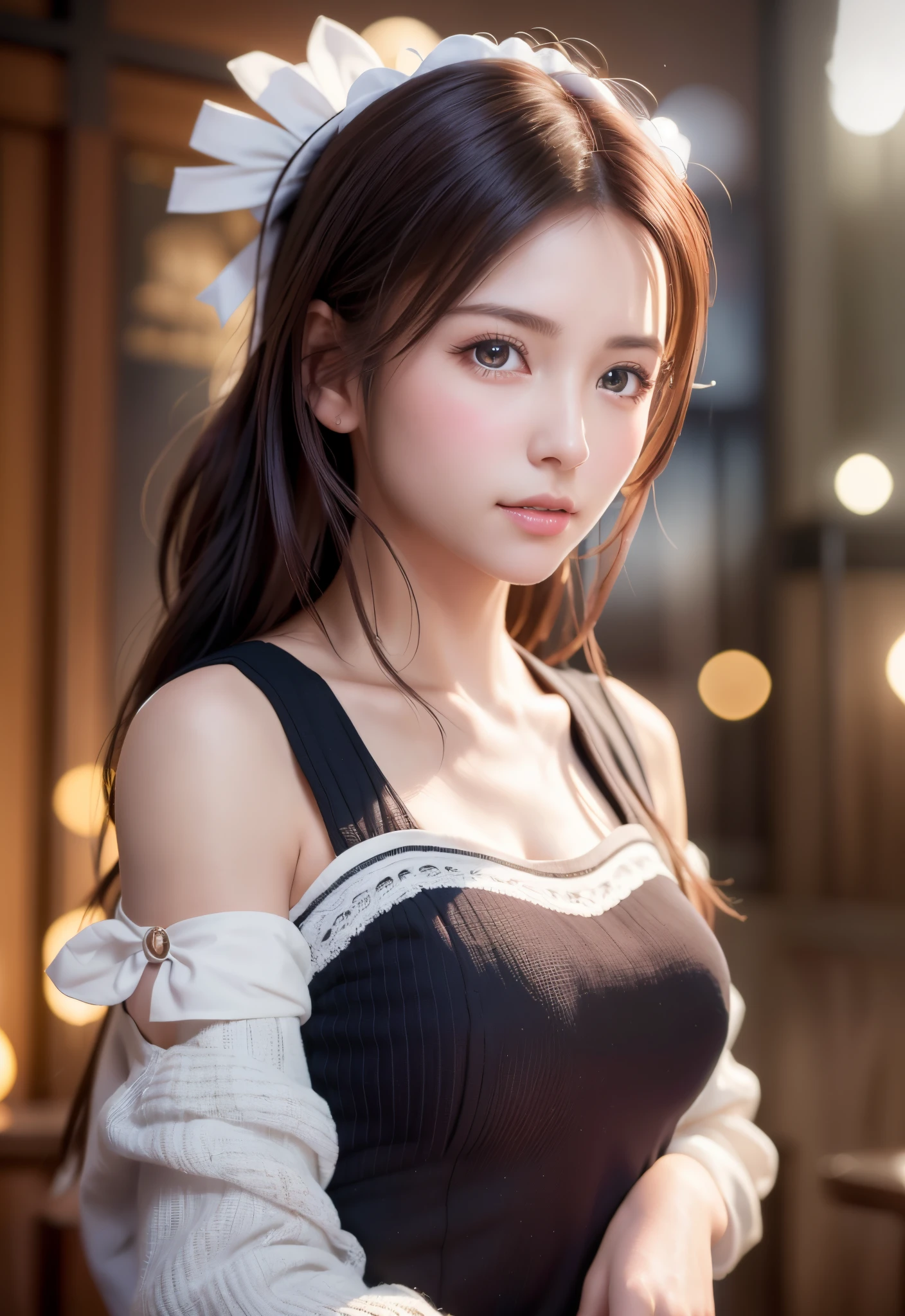 8K, of the highest quality, masutepiece:1.2), (Realistic, Photorealsitic:1.37), of the highest quality, masutepiece, Beautiful young woman, Pensive expression,、A charming、and an inviting look, Cute Maid Clothes, Hair tied back, Cinematic background, Light skin tone