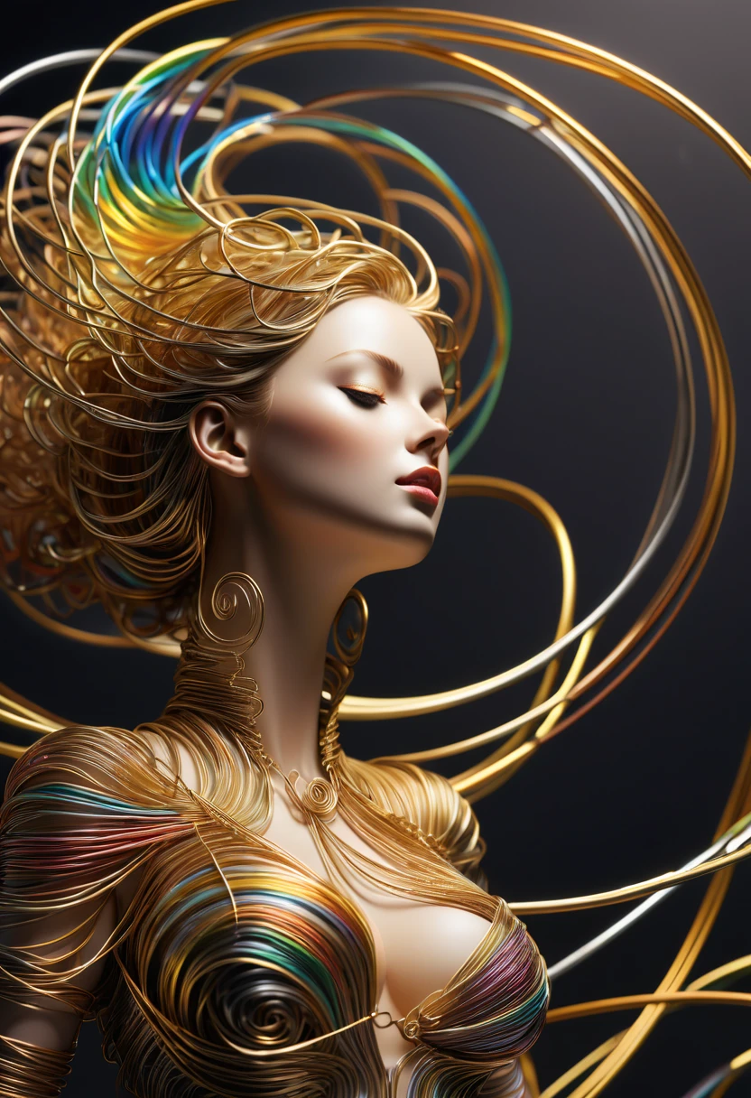 (Best quality at best，ultra - detailed，Best Best Illustration，The best shadow，tmasterpiece，A high resolution，professionalartwork，famousartwork），(line art:1.5)，Metal wire，texture masterpiece，s fractal art，A beautyful girl,model shoot style,abstract paintings, (extremely detaild的 CG unified 8k wallpapers), A chaotic storm of lines rises from a complex rainbow of smoke overhead, Stylized abstract portrait of beautiful girl,heavy metal style，postmodern industrial style，ultra-realistic realism，metallic  luster，metalictexture，Image of beautiful woman sculpture made from thin metal wire, golden curve structure, Woman sculpture made of wire, Spiral dripping gold, Metal curve composition, Winding streets, abstract female sculpture, Small whirlpools, abstract sculpture, twist, Rotated, complex metal wires, spirals, long exposure photos, line sleek, complex light