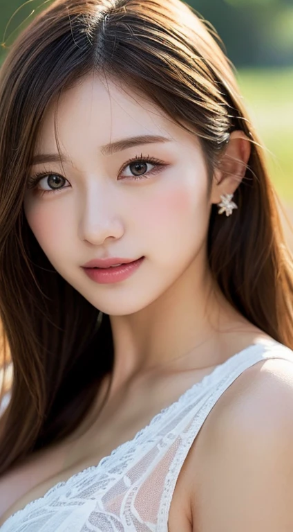 finely detail, hight resolution, hightquality、Perfect dynamic composition, Beautiful detailed eyes,poneyTail,Natural Color Lip,Kamimei、20 years girl、1 persons、Transparent skin、Glowing hair、masutepiece, Best Quality, Illustration, Ultra-detailed, finely detail, hight resolution, 8K、The correct state of the human body、randome pose、Gravure Model Pose,Hair soaring in the wind、Underwear,length hair,Big Tits,gigantic cleavage breasts, Red lace underwear,Bold sexy poses,Colossal tits、up of face、front facing,a smile