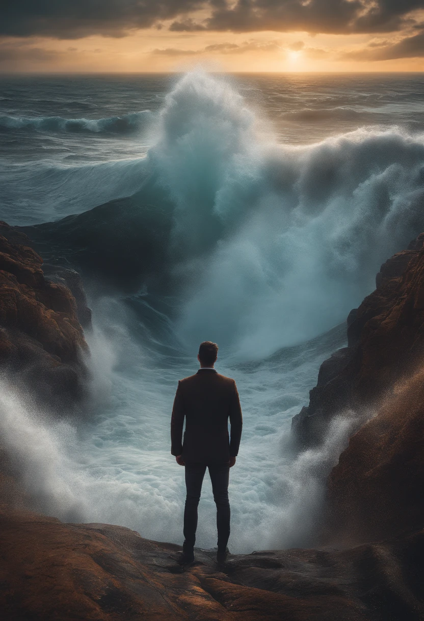 Photo of a man standing in front of a huge wave, dan mumford tom bagshaw, Written by Thomas Allen Kopela, Veksisky, Standing in the maelstrom, inspired by tomasz alen kopera, epic surrealism 8k oil painting, dan mumford and albert bierstadt, Dan Mumford and Peter Mohrbacher