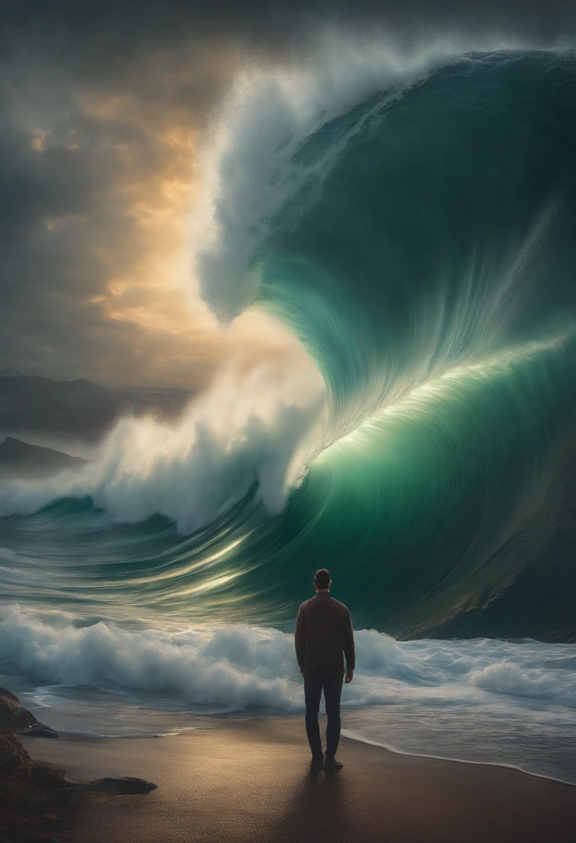 Photo of a man standing in front of a huge wave, dan mumford tom bagshaw, Written by Thomas Allen Kopela, Veksisky, Standing in the maelstrom, inspired by tomasz alen kopera, epic surrealism 8k oil painting, dan mumford and albert bierstadt, Dan Mumford and Peter Mohrbacher