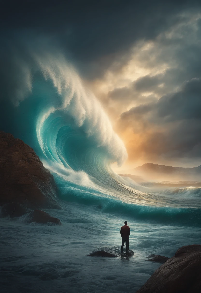 Photo of a man standing in front of a huge wave, dan mumford tom bagshaw, Written by Thomas Allen Kopela, Veksisky, Standing in the maelstrom, inspired by tomasz alen kopera, epic surrealism 8k oil painting, dan mumford and albert bierstadt, Dan Mumford and Peter Mohrbacher