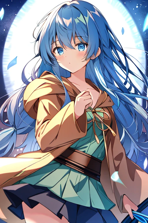 アングル、後ろから、Without skirt、Blue Panties、Panties in full view、In underwear、(masterpiece, best quality), 1girl,   utsumiericeFA,long sleeves, bare shoulders, jewelry, puffy sleeves, necklace, white dress, streaked hair, short dress, blue ribbon, puffy long sleeves,magatama,
