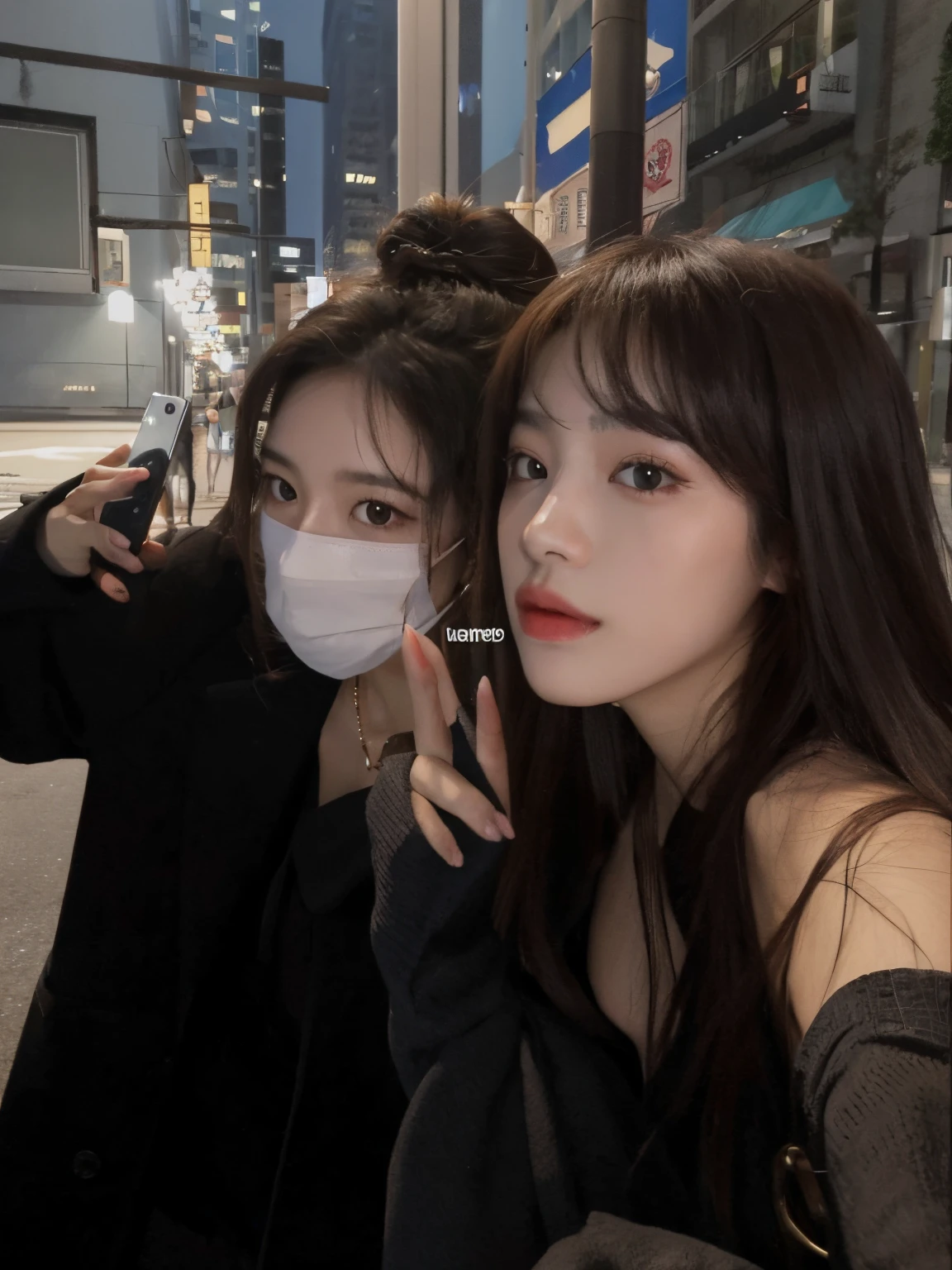 two women wearing masks taking a selfie on the street, Ulzzang, Nixeu e Sakimichan, com preto, foto de perfil, exclusivo, E - Menina, e-menina, #Oc, # Oc, Sakimichan, Lalisa Manobal, Bae Suzy, com hera, KDA e Sam Yang, sao 8 k