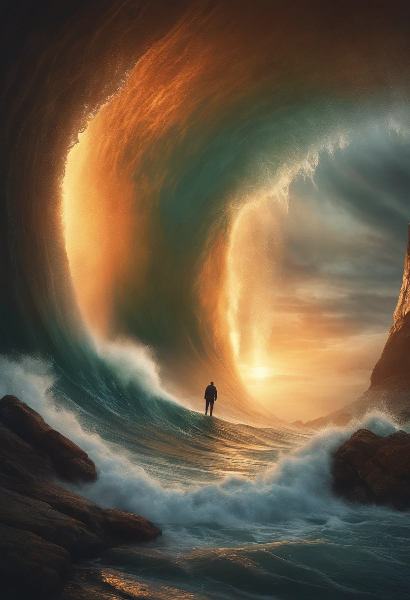 Photo of a man standing in front of a huge wave, dan mumford tom bagshaw, Written by Thomas Allen Kopela, Veksisky, Standing in the maelstrom, inspired by tomasz alen kopera, epic surrealism 8k oil painting, dan mumford and albert bierstadt, Dan Mumford and Peter Mohrbacher