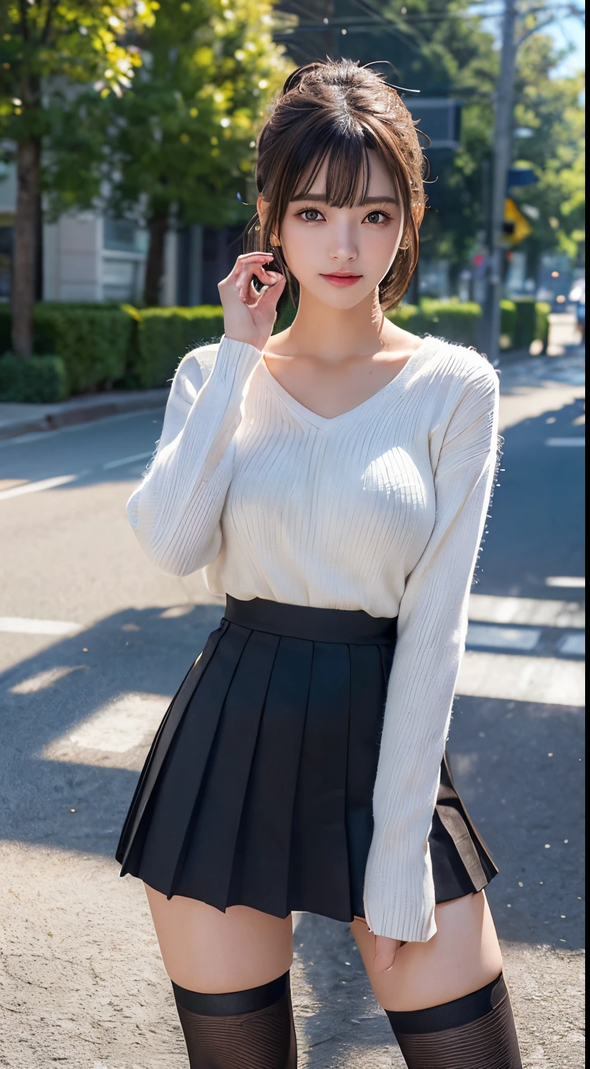 Innocent 18 year old girl、((V-neck knit:1.9,Small pleated skirt,Black High Heels,I can see the shape of big breasts,Dramatic poses)),Crisp eyes,face with high quality,Smile、Raw photo, (8K、top-quality、masterpiece:1.2)、(intricate detailes:1.4)、(Photorealsitic:1.4)、octane renderings、Complex 3D rendering ultra detail, Studio Soft Light, Rim Lights, vibrant detail, super detailing, realistic skin textures, Detail Face, Beautiful detail eyes, Very detailed CG Unity 16k wallpaper, make - up, (detailedbackground:1.2), shinny skin, Full body、Fashionable tree-lined avenue background,((From head to thigh)),((taken from the under))