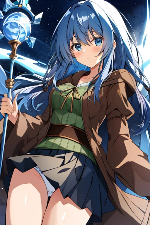 masterpiece, best quality, ultra high quality cg, eria ygo, 1girl, solo, long hair, looking at viewer, skirt, shirt, long sleeves, holding, hair between eyes, medium breasts, closed mouth, collarbone, pleated skirt, open clothes, hood, wide sleeves, black skirt, blue background, hood down, staff, robe, green shirt, holding staff, duel monster, ribbed shirt, open robe, hooded robe, from below, white underwear