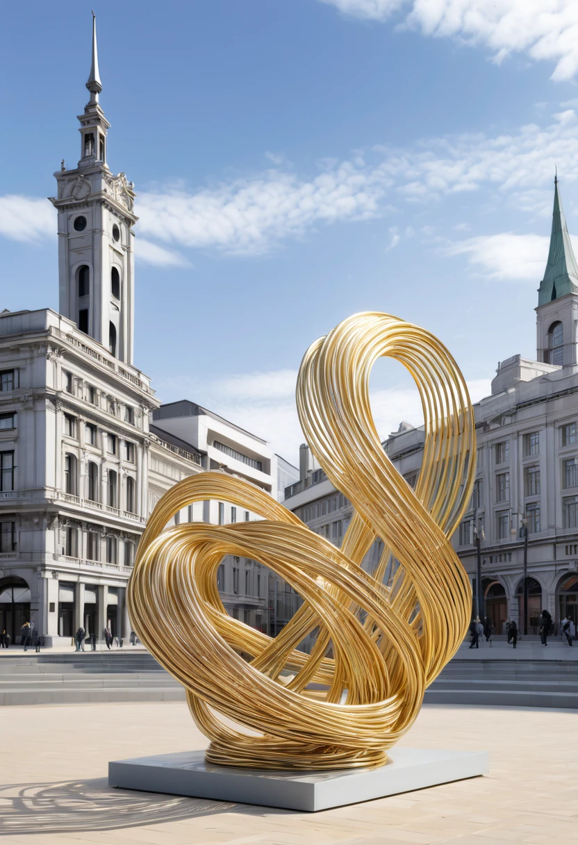 (line art:1.5)，metal wire craft sculpture，Golden wire，Plata，wire，S-shaped figure woven with metal wire on the city square，braided with metal thread，contortion，line connection，immensity，empty，Abstract，Three-dimensional stereoscopic，City landmarks，heavy metal style，postmodern industrial style，ultra-realistic realism
